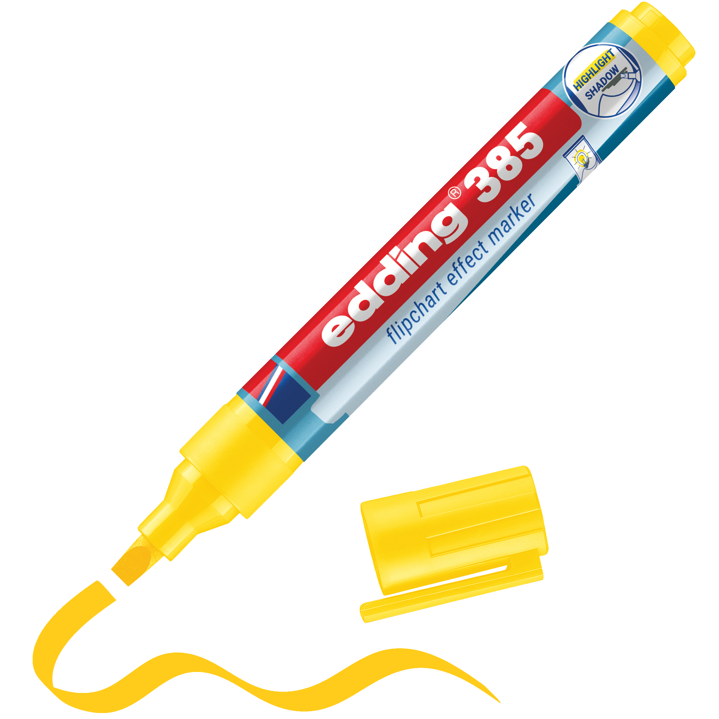 Ein edding 385 Flipchart-Effektmarker zeichnet ohne Kappe eine gelbe Wellenlinie. Er verfügt über das edding-Logo, ein umweltfreundliches Design, eine Keilspitze, eine flexible Pinselspitze und ein blau-rot-gelbes Etikett. Die Kappe liegt neben dem Marker.