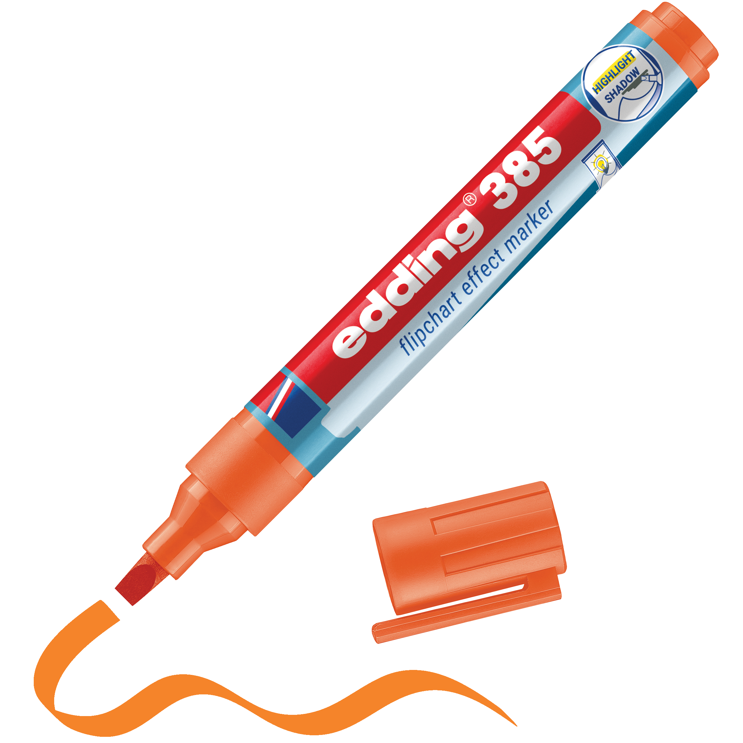 Ein edding 385 Flipchart-Effektmarker ohne Kappe zeichnet eine wellenförmige orange Linie. Der umweltfreundliche Marker hat eine flexible Pinselspitze, eine orangefarbene Kappe und einen orangefarbenen Schaft. Das edding-Logo ist deutlich auf dem Schaft abgebildet.