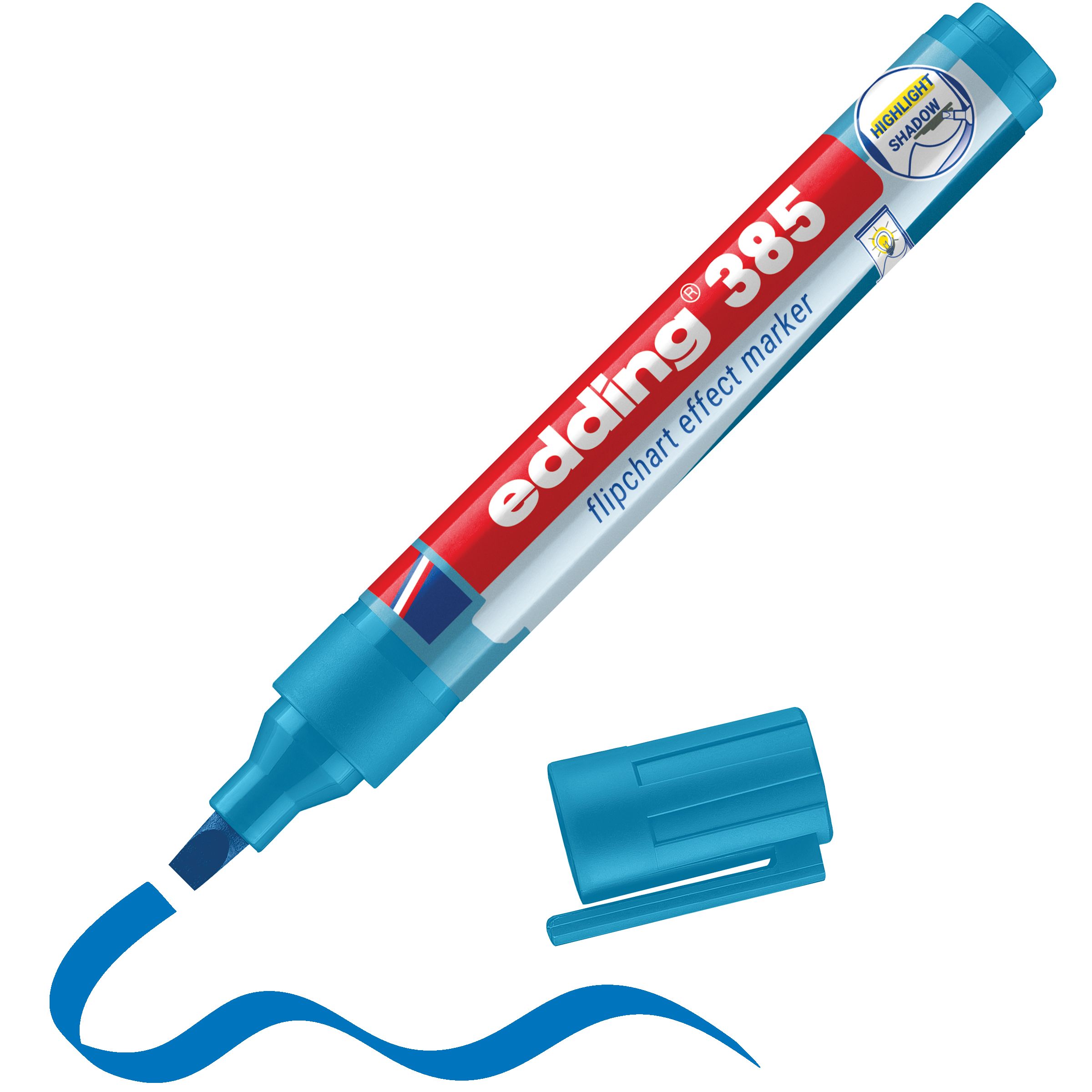 Der edding 385 Flipchart-Effektmarker mit blauer Kappe und flexibler Pinselspitze zeichnet eine kräftige blaue Linie. Der Marker mit der Aufschrift „edding 385“ und „Flipchart-Effektmarker“ liegt neben der Kappe. Marke: edding.