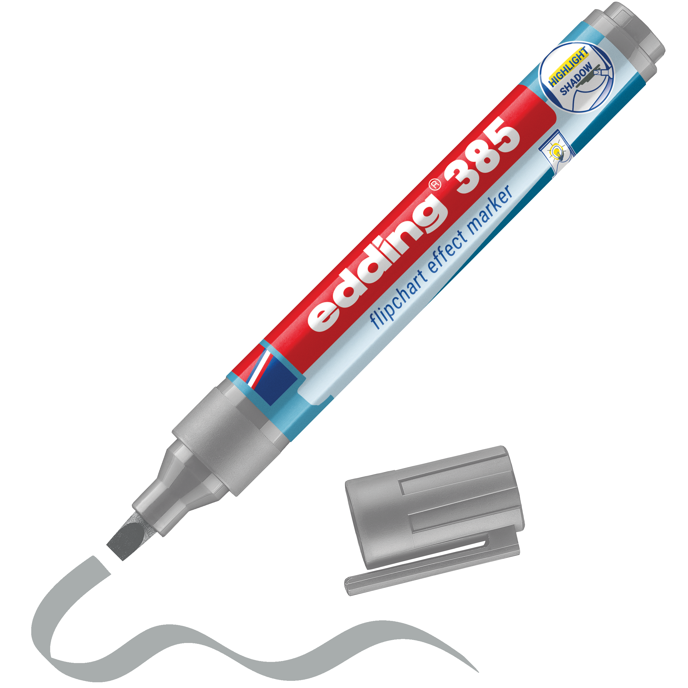 Ein rot-grauer edding 385 Flipchart-Effektmarker von edding, abgebildet ohne Kappe mit Keilspitze und grauer Wellenlinie, ist umweltfreundlich, nachfüllbar und perfekt für Flipcharts.