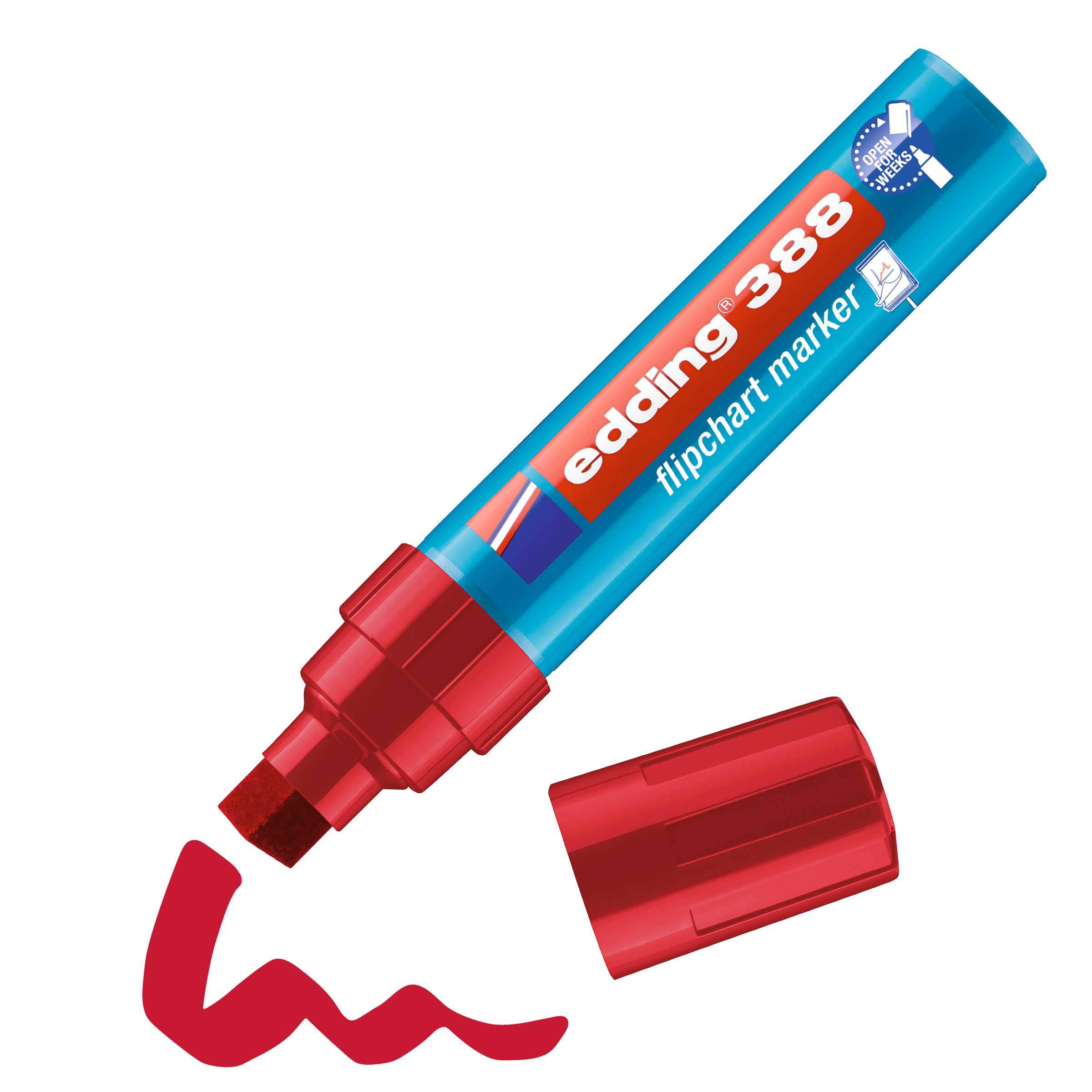 edding 388 Flipchartmarker in rot mit offener Kappe und einem gemaltem Strich