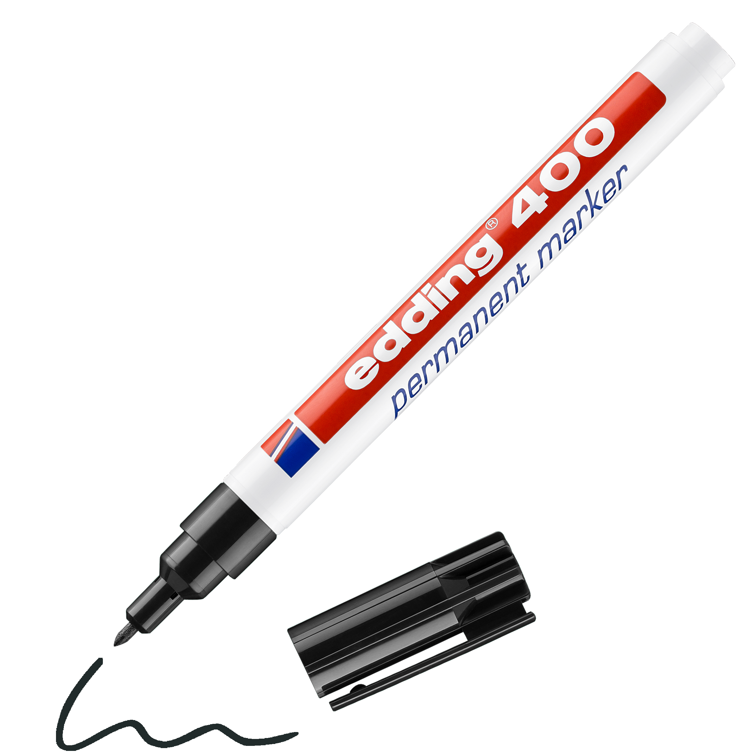 edding 400 Permanentmarker in schwarz mit offener Kappe und einem gemaltem Strich