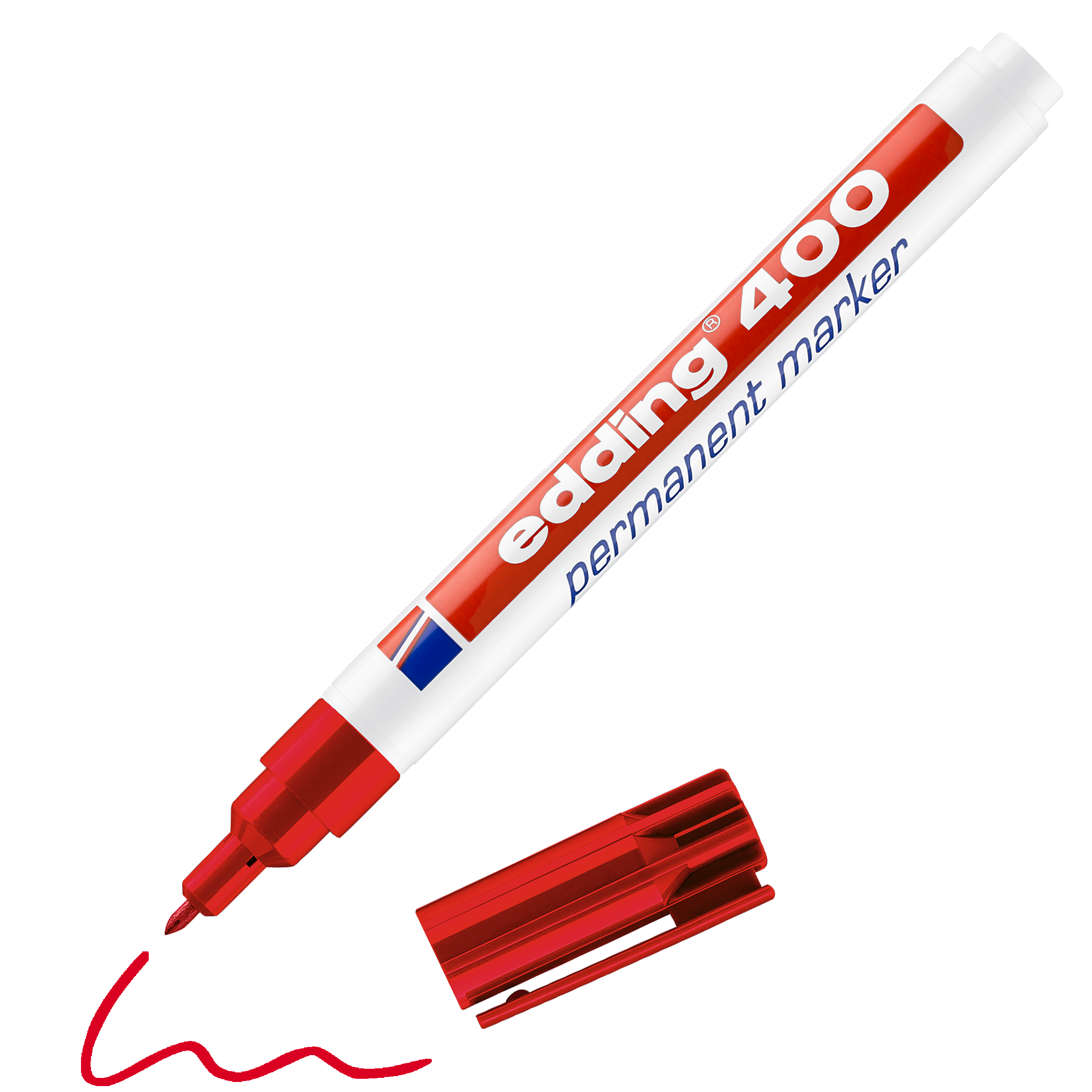 edding 400 Permanentmarker in rot mit offener Kappe und einem gemaltem Strich