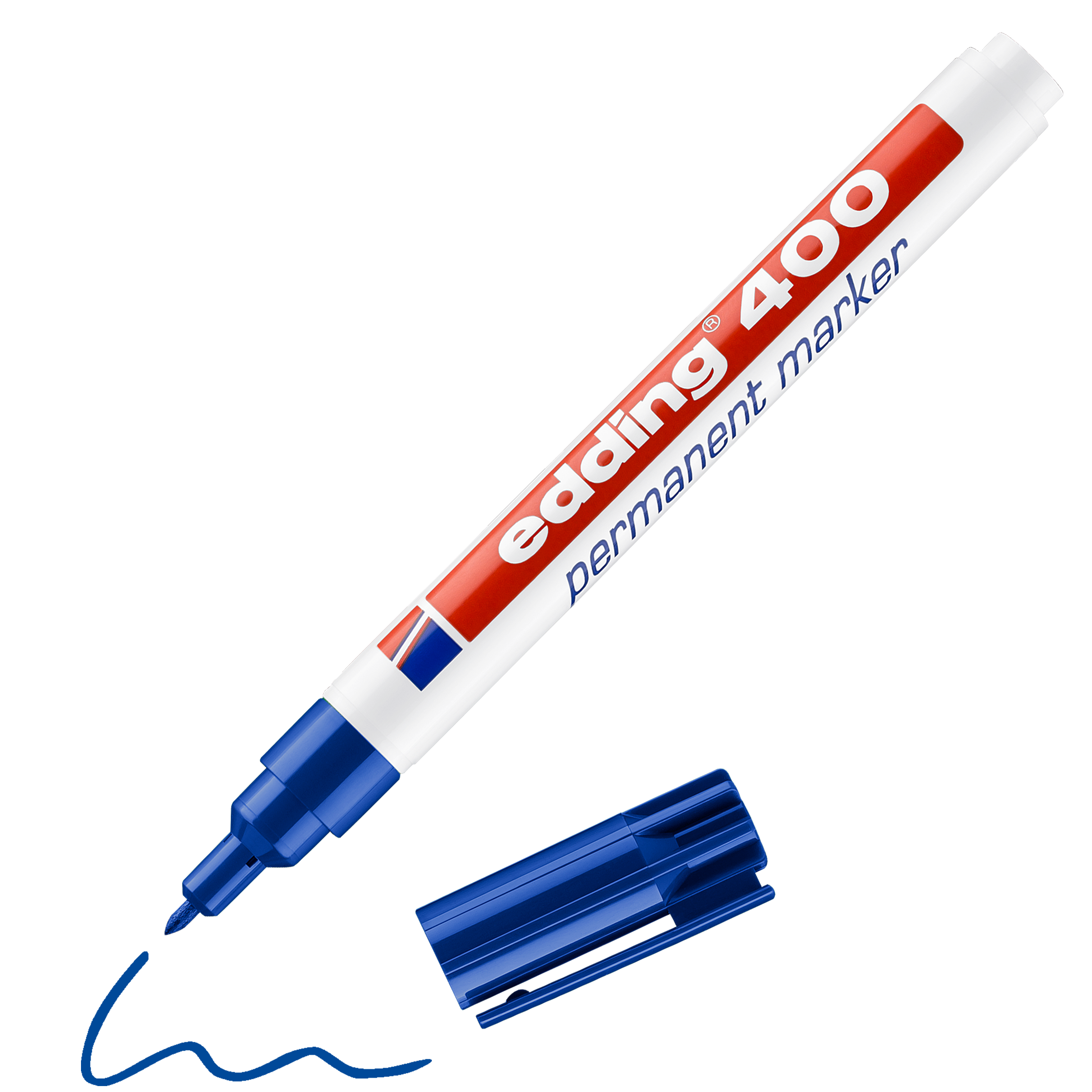 edding 400 Permanentmarker in blau mit offener Kappe und einem gemaltem Strich