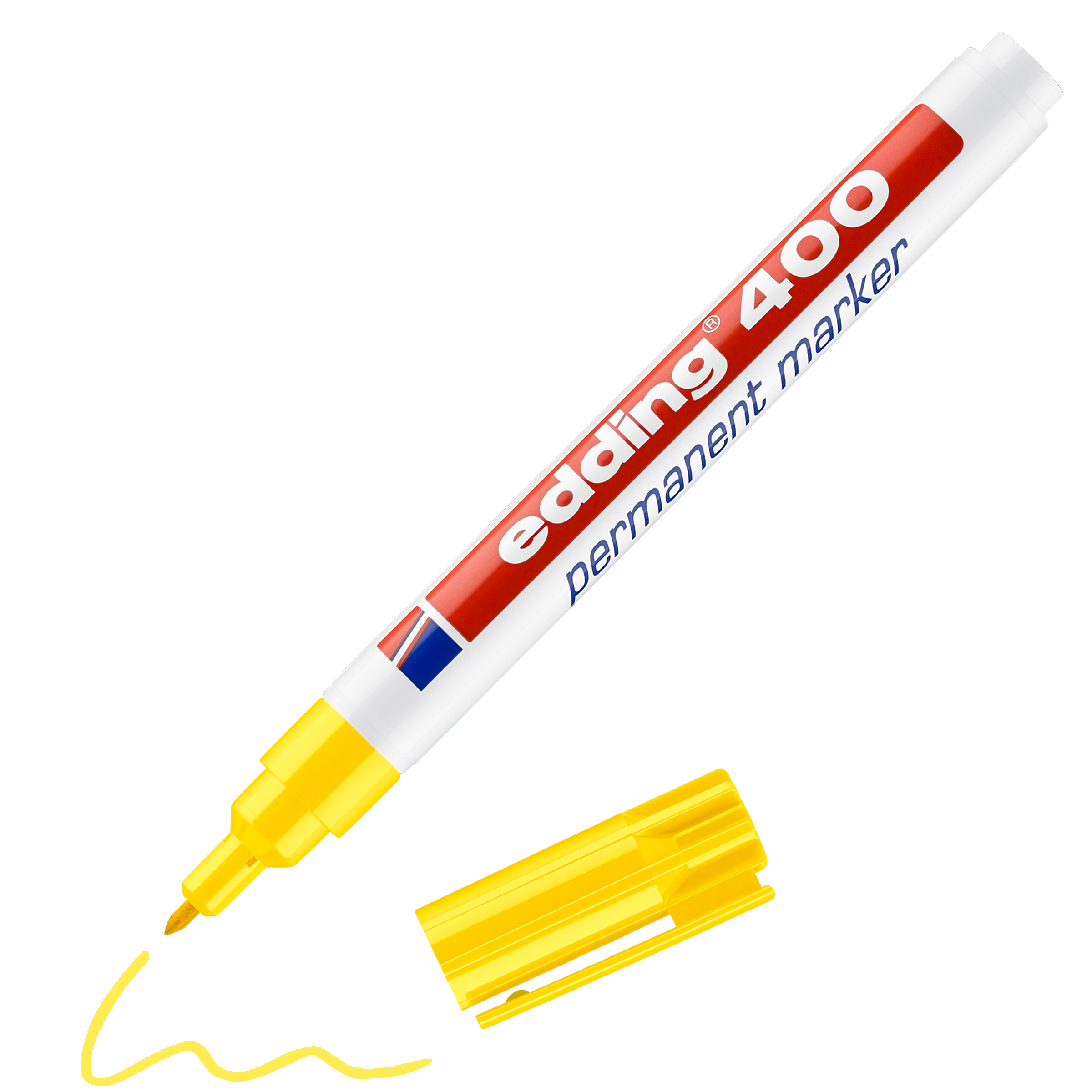 edding 400 Permanentmarker in gelb mit offener Kappe und einem gemaltem Strich