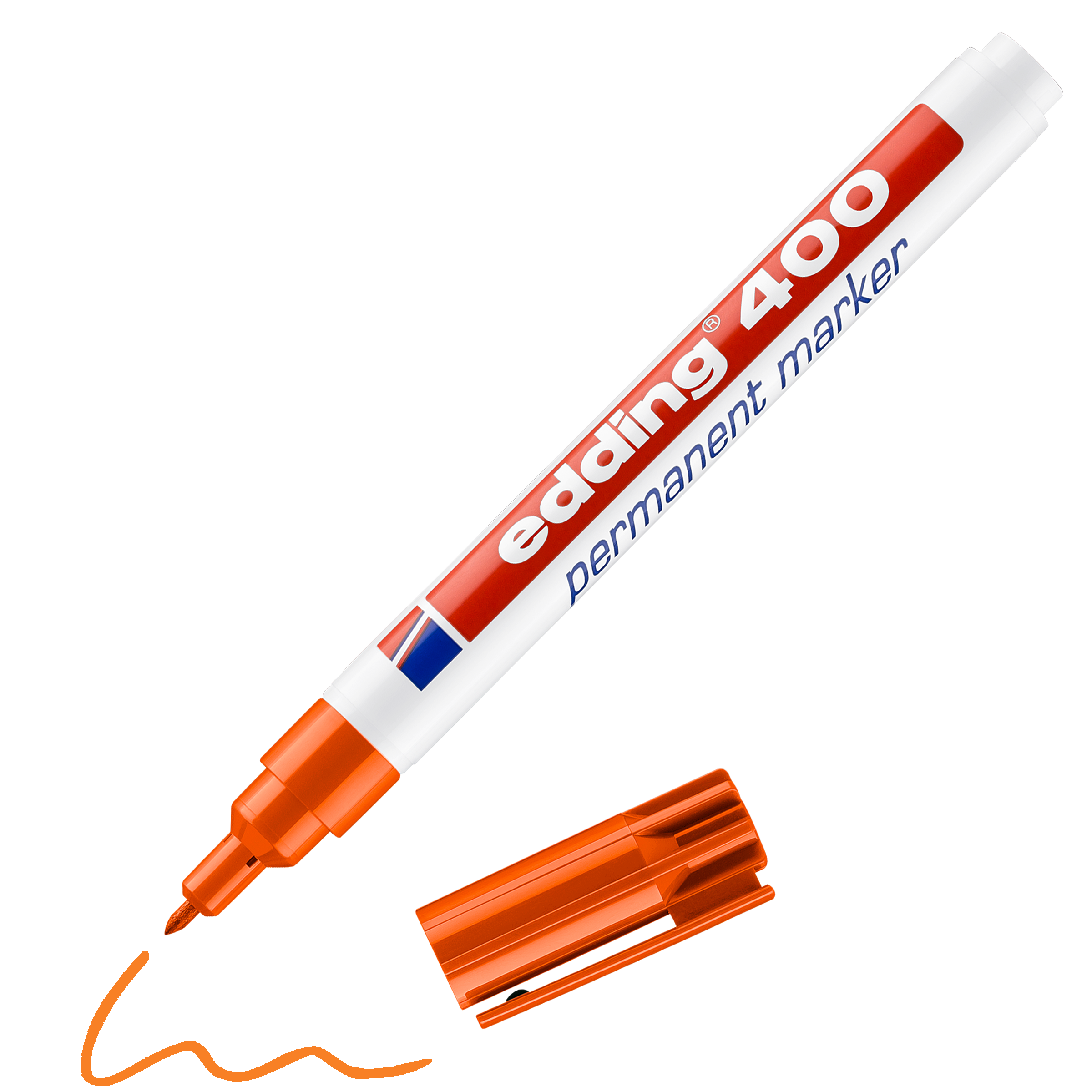edding 400 Permanentmarker in orange mit offener Kappe und einem gemaltem Strich