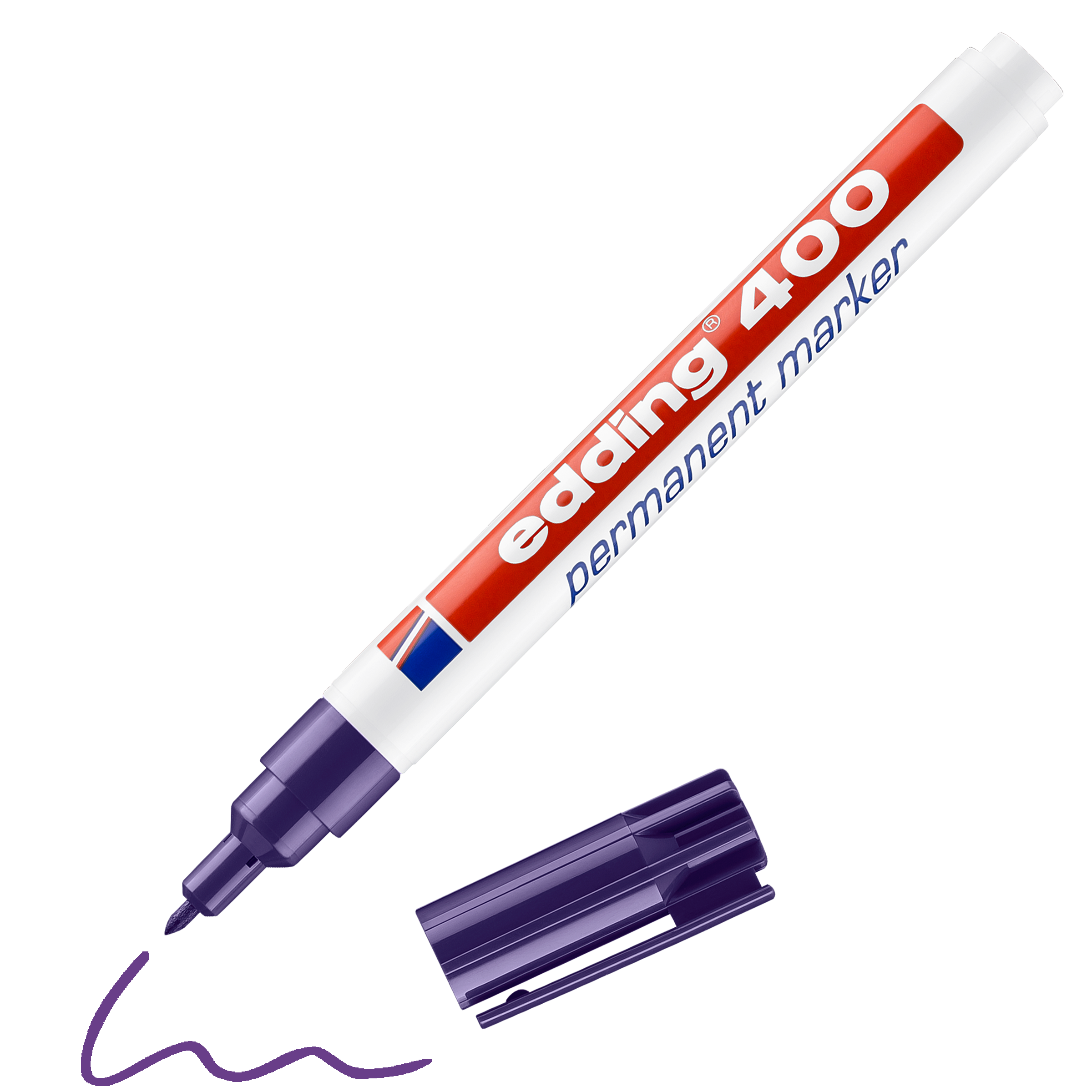 edding 400 Permanentmarker in lila mit offener Kappe und einem gemaltem Strich