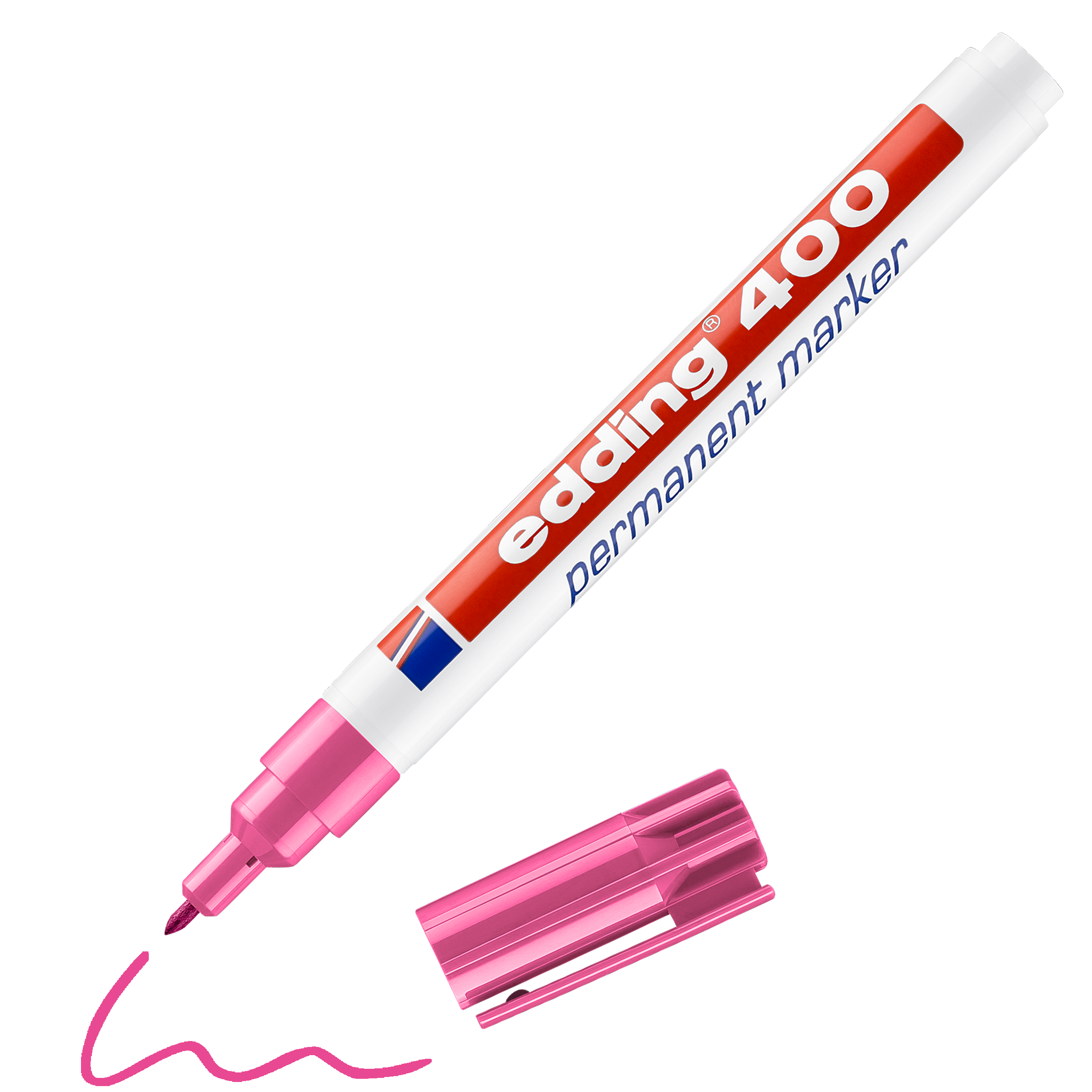 edding 400 Permanentmarker in rosa mit offener Kappe und einem gemaltem Strich