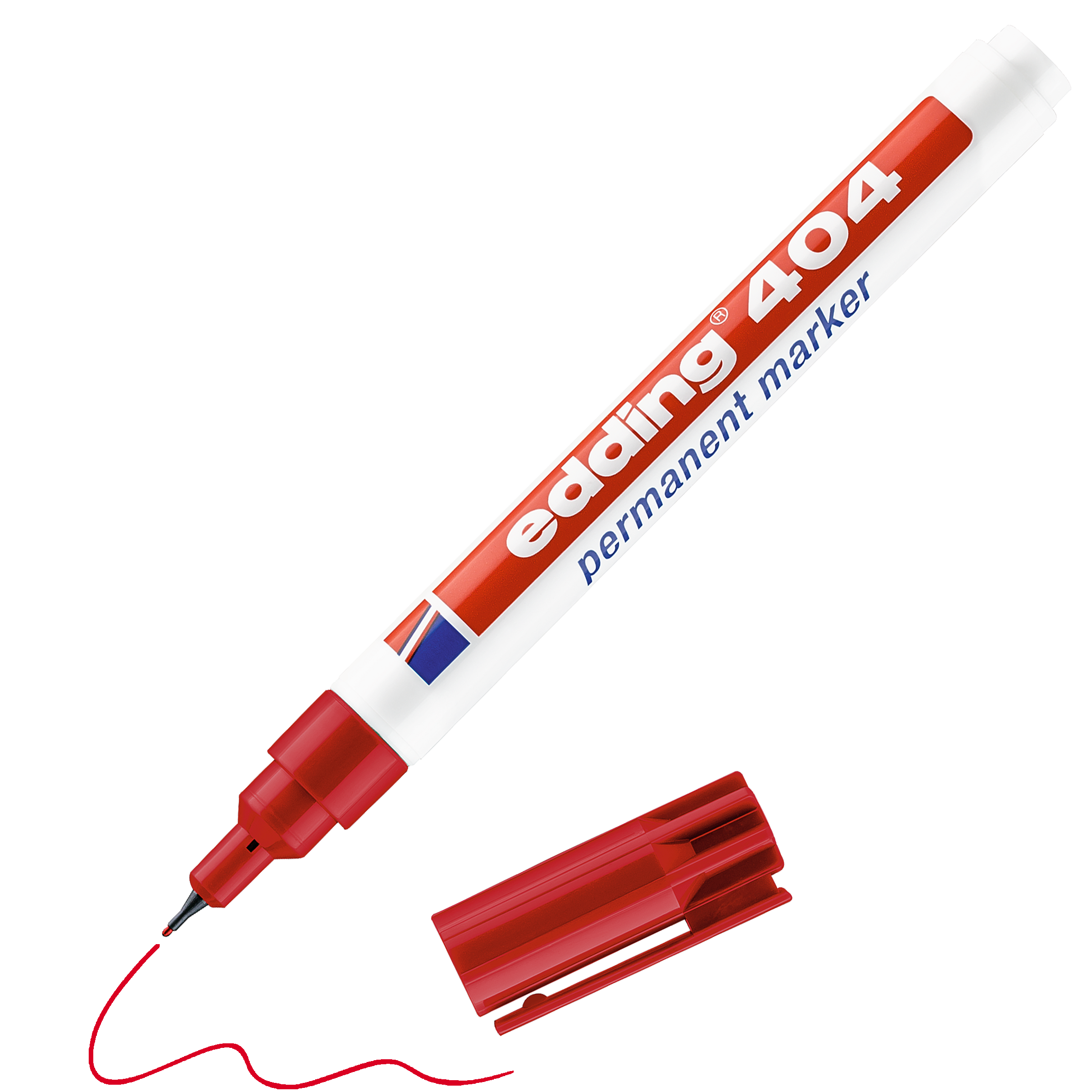 Daneben liegt ein roter Permanentmarker edding 404 ohne Kappe. Die ultrafeine Rundspitze zeichnet eine präzise rote Linie, auf dem Marker ist in Fettdruck der Markenname edding mit Produkttyp abgedruckt.