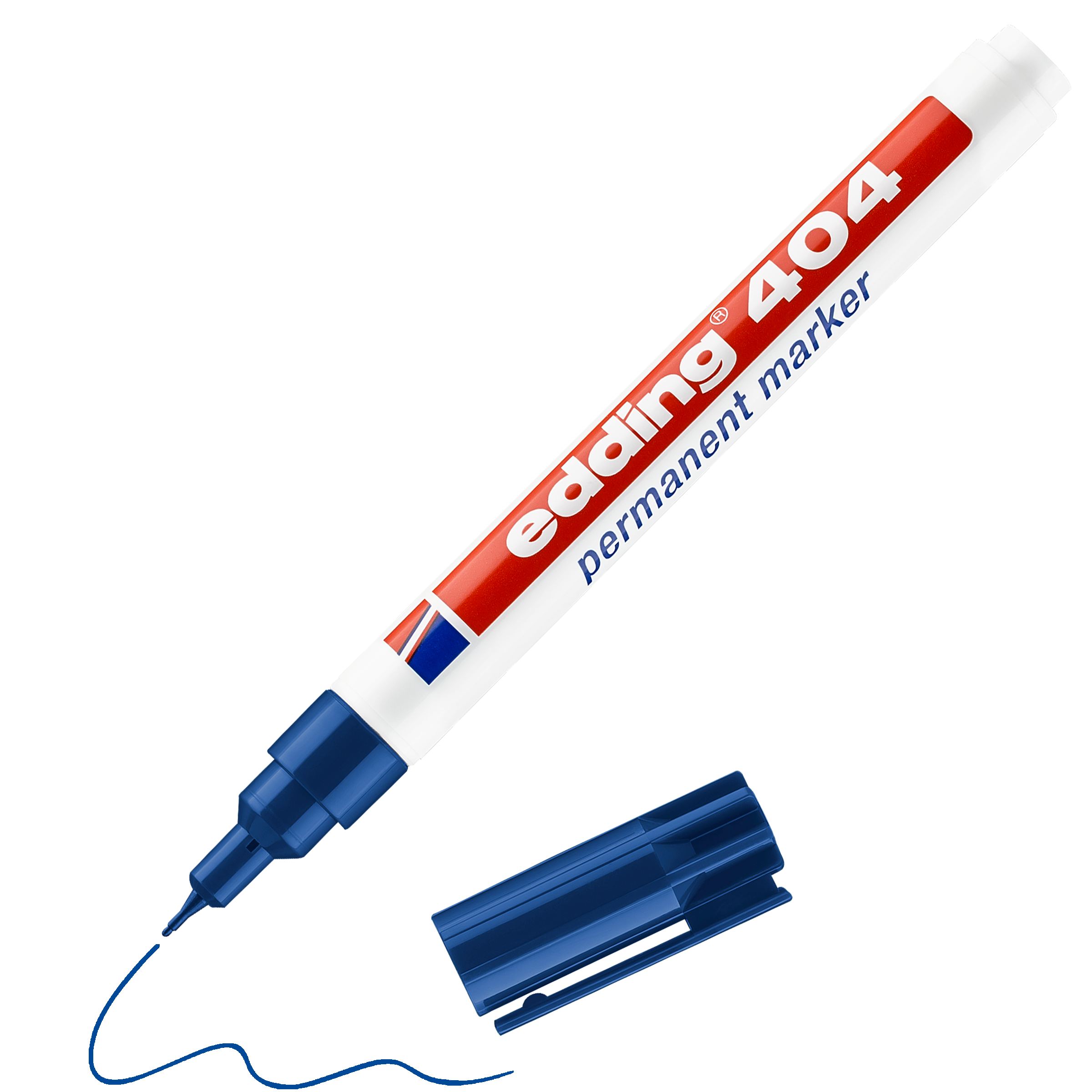 Ein weißer edding 404 Permanentmarker mit ultrafeiner Rundspitze, blauer Kappe und Spitze, liegt über seiner abgesetzten Kappe und einer verschnörkelten blauen Linie. Die Beschriftung ist rot und blau gehalten und betont die extrafeine Strichstärke.