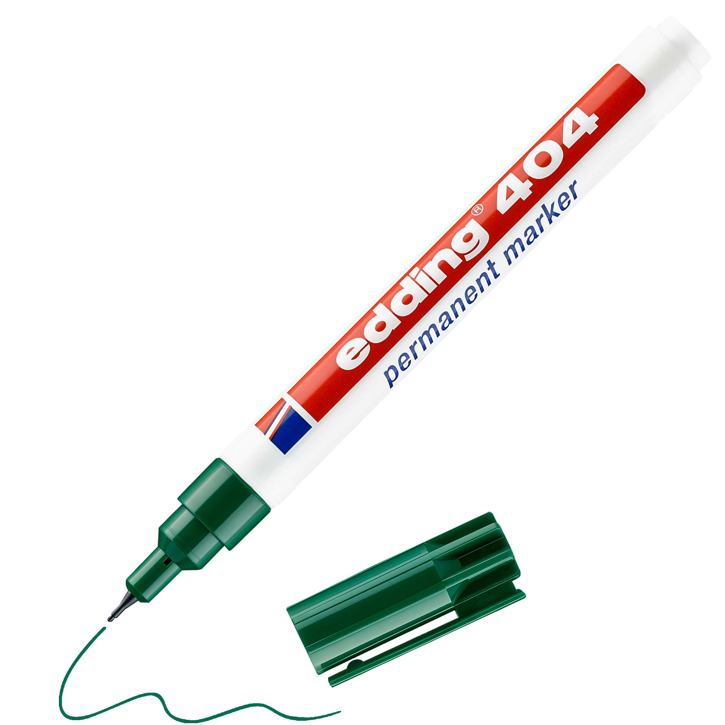Ein edding 404 Permanentmarker mit grüner Spitze liegt ohne Kappe neben ihm. Der weiße Schaft ist rot und blau beschriftet, während die ultrafeine, runde Spitze eine grüne Wellenlinie zieht.