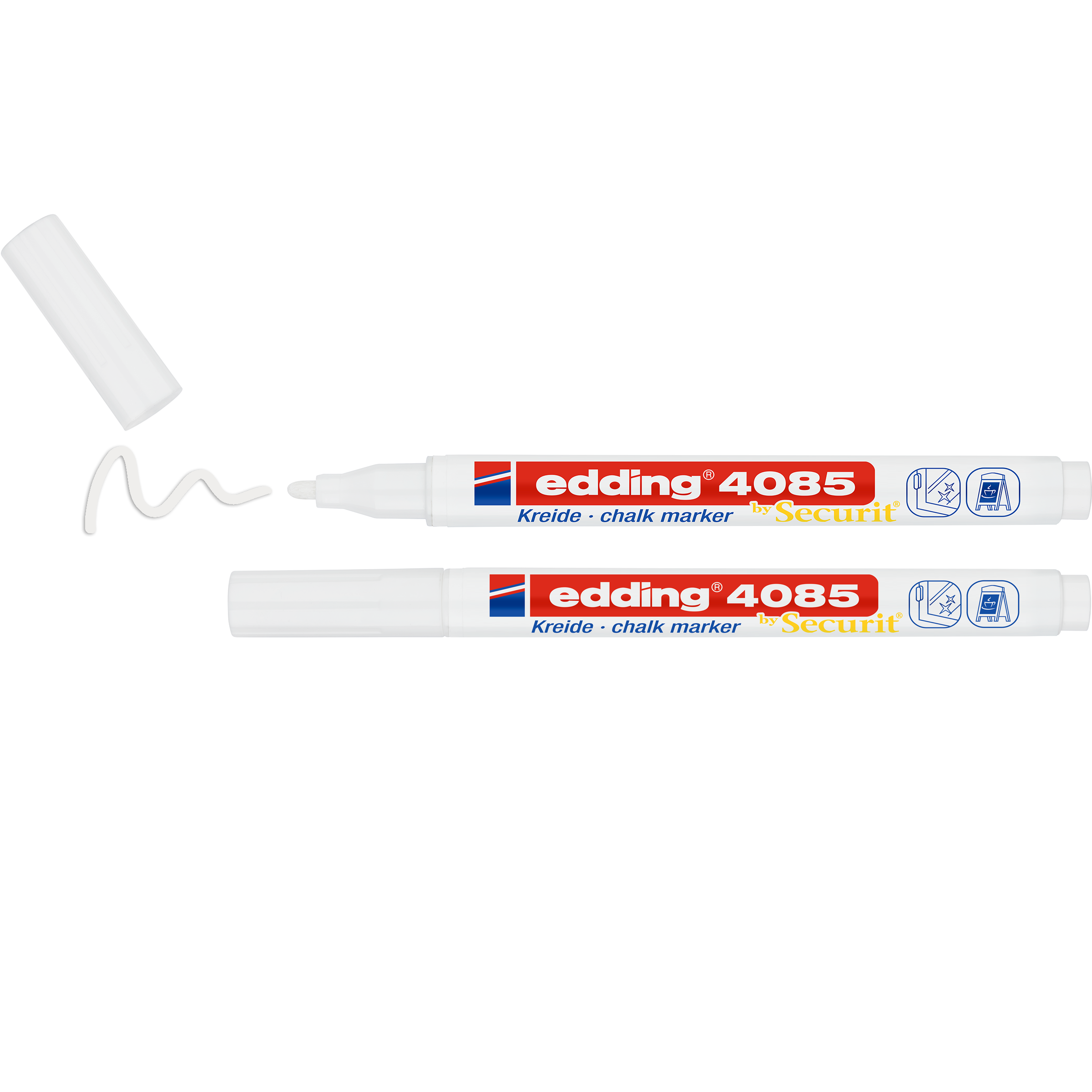 Zwei weiße edding 4085 Kreidemarker aus dem edding 2er-Set liegen nebeneinander – einer ohne Kappe mit Flüssigkreide-Schnörkel, einer mit Kappe. Beide haben rot-weiß-gelbe Etiketten mit blauen Symbolen. Entdecke 20 brillante Farben!.