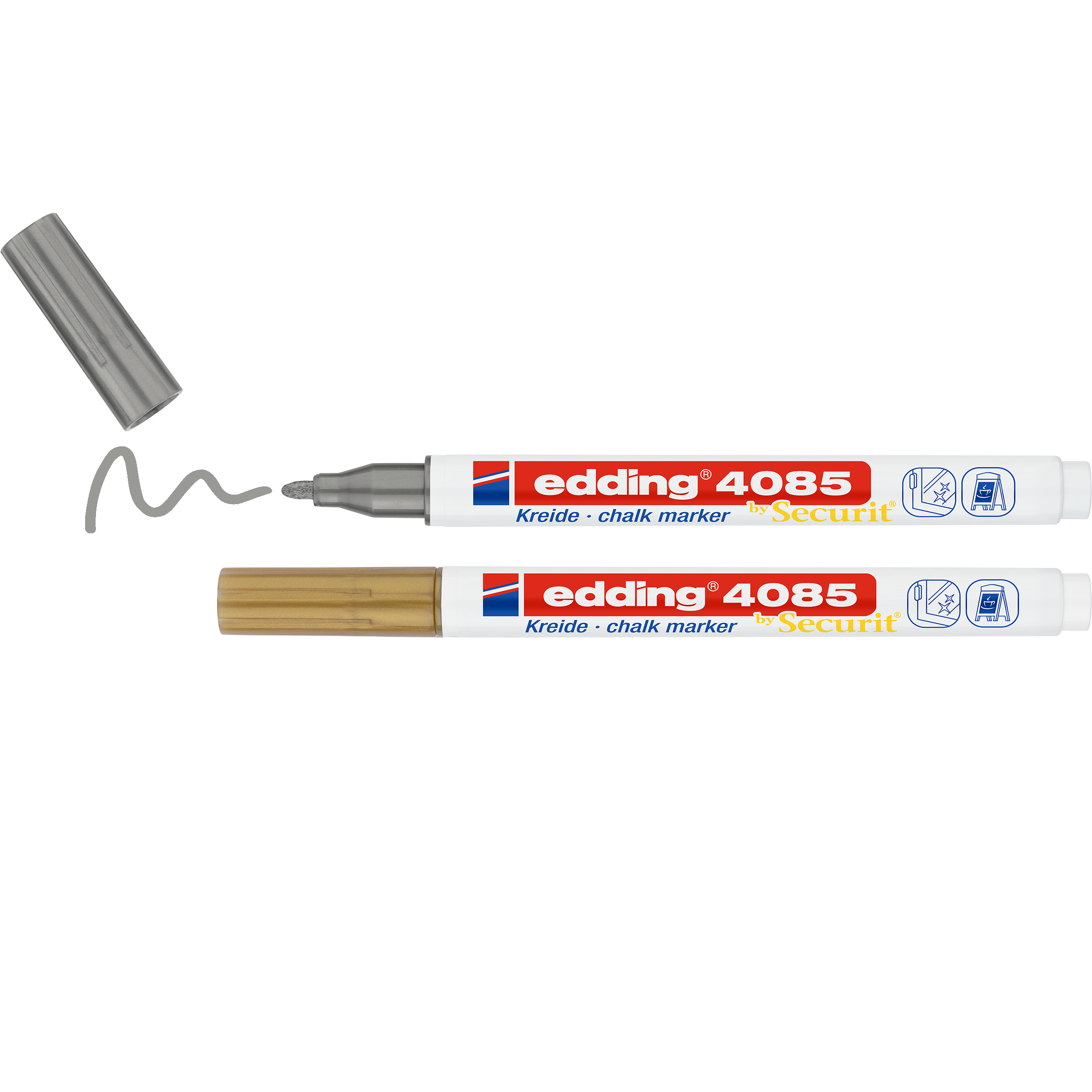 Das edding 4085 Kreidemarker 2er-Set von edding enthält zwei Kreidemarker: einen mit abgenommener grauer Kappe und einer mit goldener Kappe. Beide haben weiße Gehäuse und bunte Etiketten und sind in 20 brillanten Farbtönen für kreative Projekte erhältlich.