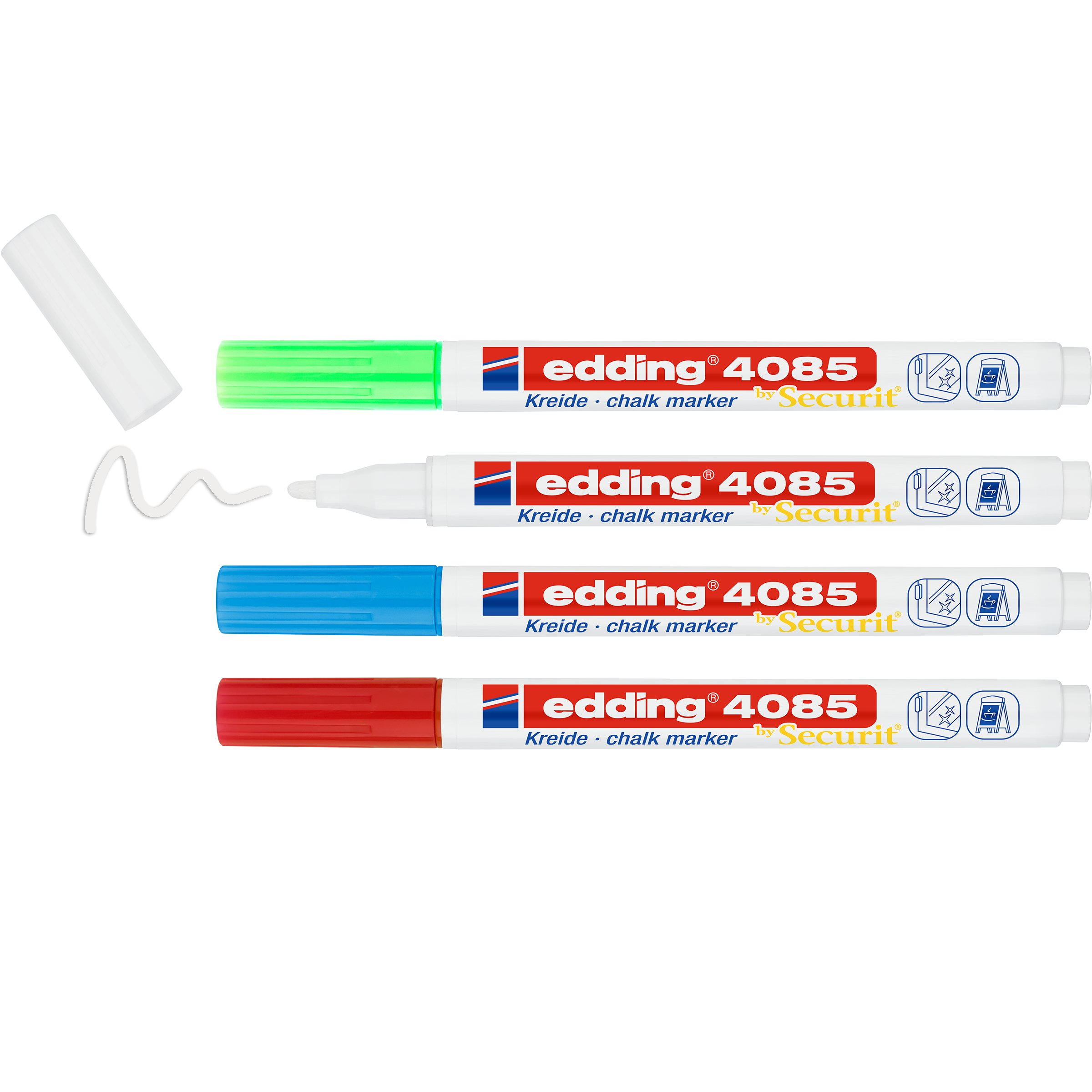 Das edding 4085 Kreidemarker 4er-Set von edding zeigt vier Marker in Grün, Weiß, Blau und Rot mit abgenommenen Kappen. Neben dem grünen Marker ist eine weiße Wellenlinie aus flüssiger Kreide zu sehen.
