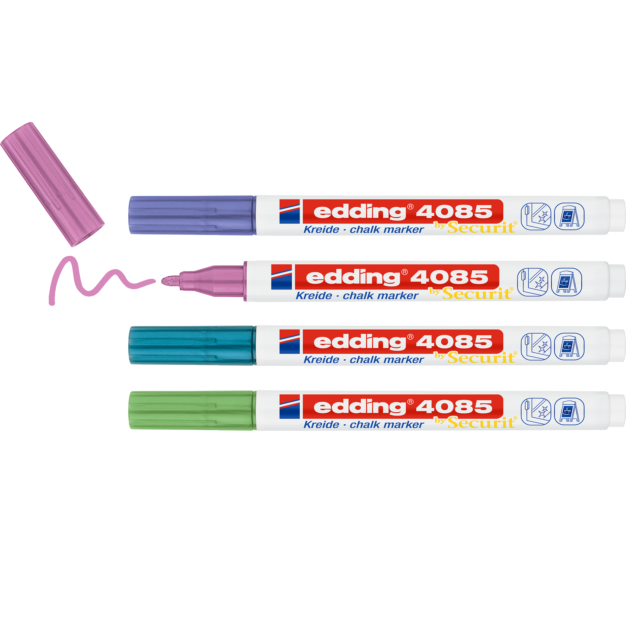 Das edding 4085 Kreidemarker 4er-Set von edding ist in Lila, Pink, Blau und Grün horizontal abgebildet. Der lilafarbene Marker ist offen, mit Kappe und einem verschnörkelten Streifen Flüssigkreide daneben; die anderen Marker sind mit Kappe.