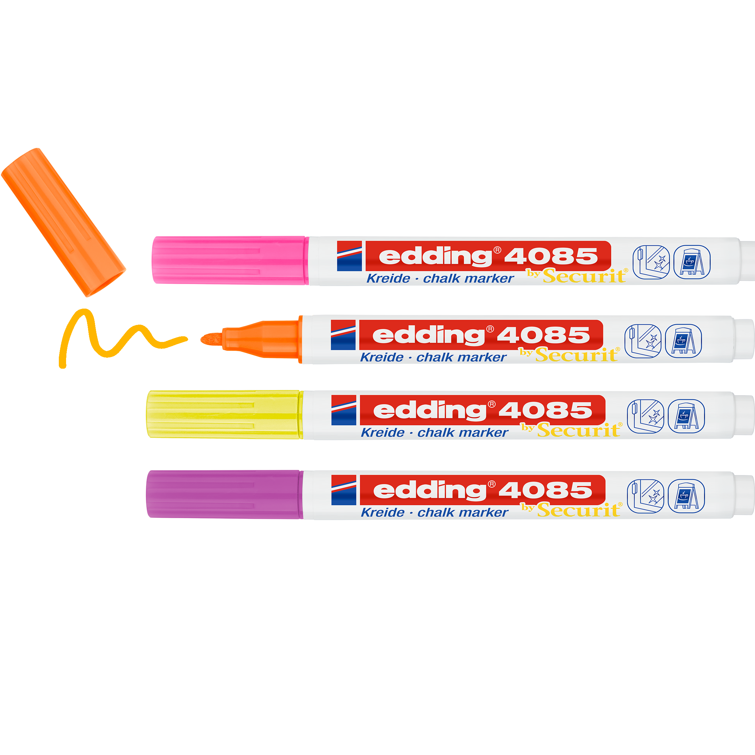 Das edding 4085 Kreidemarker 4er-Set von edding wird mit orangefarbenen, gelben, weißen und rosafarbenen Markern ohne Kappe (außer dem orangefarbenen) gezeigt; außerdem ist eine gelbe Linie flüssiger Kreide abgebildet.