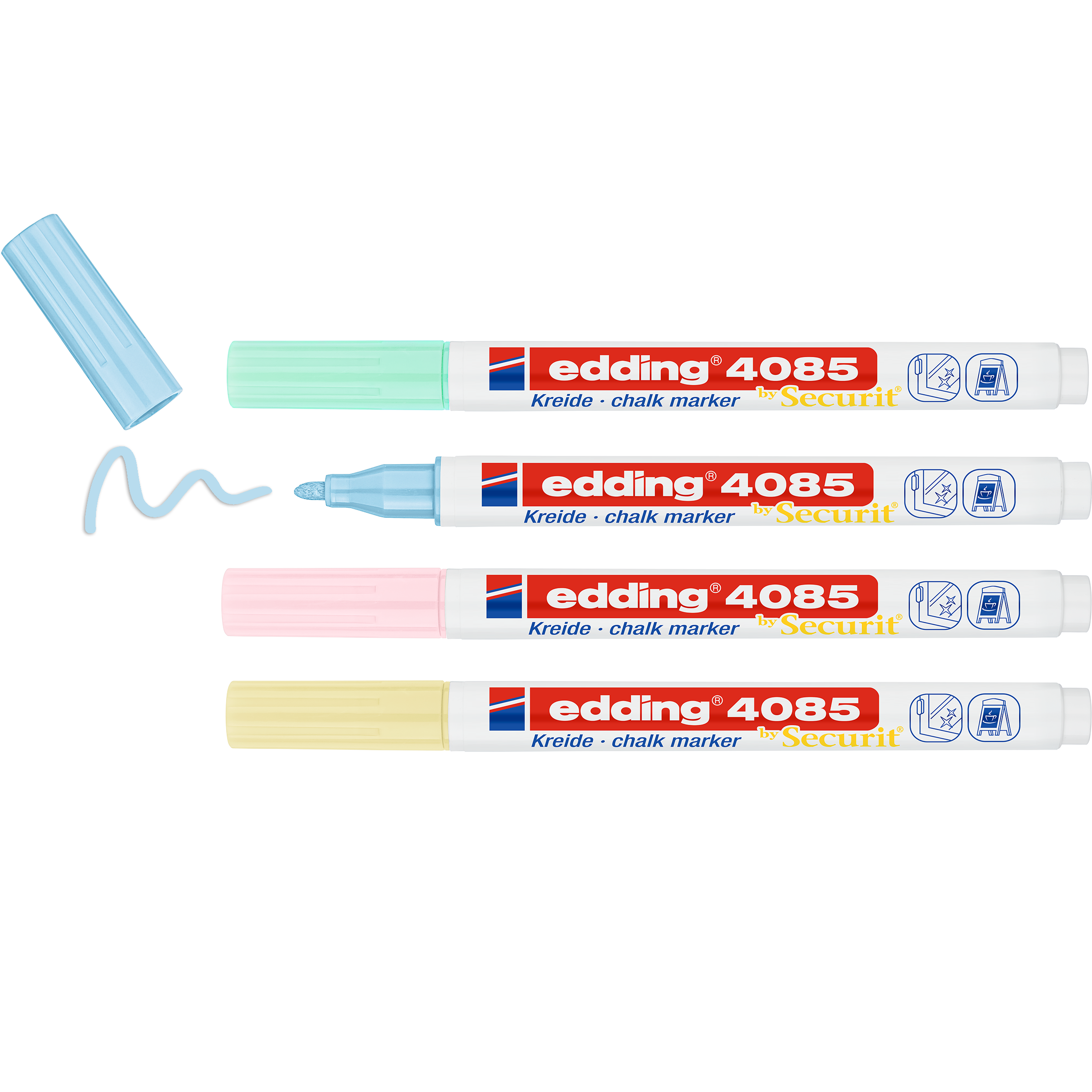 Vier edding 4085 Kreidemarker von edding in Pastellblau, Grün, Pink und Gelb liegen waagerecht, der blaue Marker ist offen, die Kappe liegt nach oben, daneben ist ein blauer Strich Flüssigkreide gezeichnet.