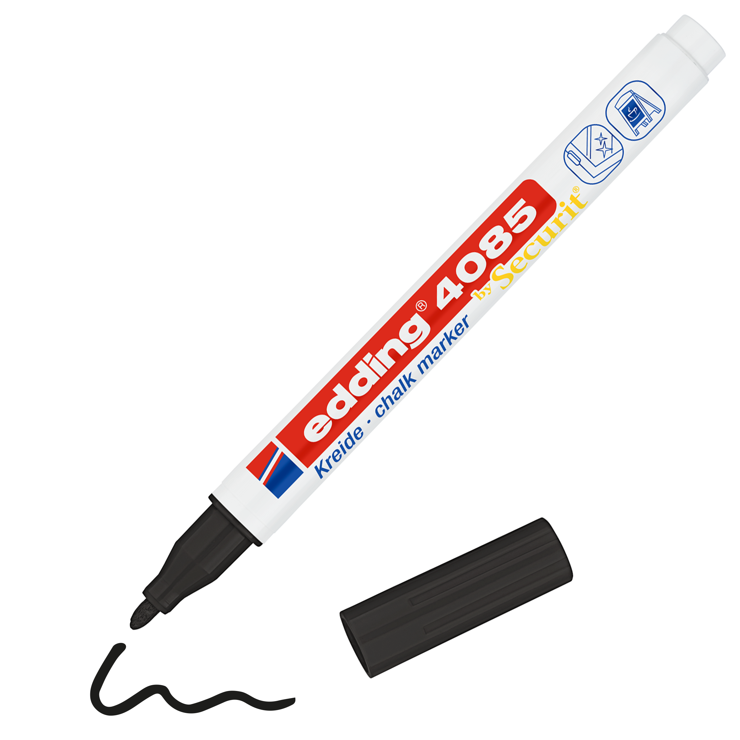 Ein schwarzer Kreidemarker edding 4085 von edding (ohne Kappe) liegt in der Nähe. Er hat einen weißen Schaft mit roter und blauer Beschriftung und neben der Spitze ist eine wellenförmige schwarze Linie in brillanten Farben eingezeichnet.
