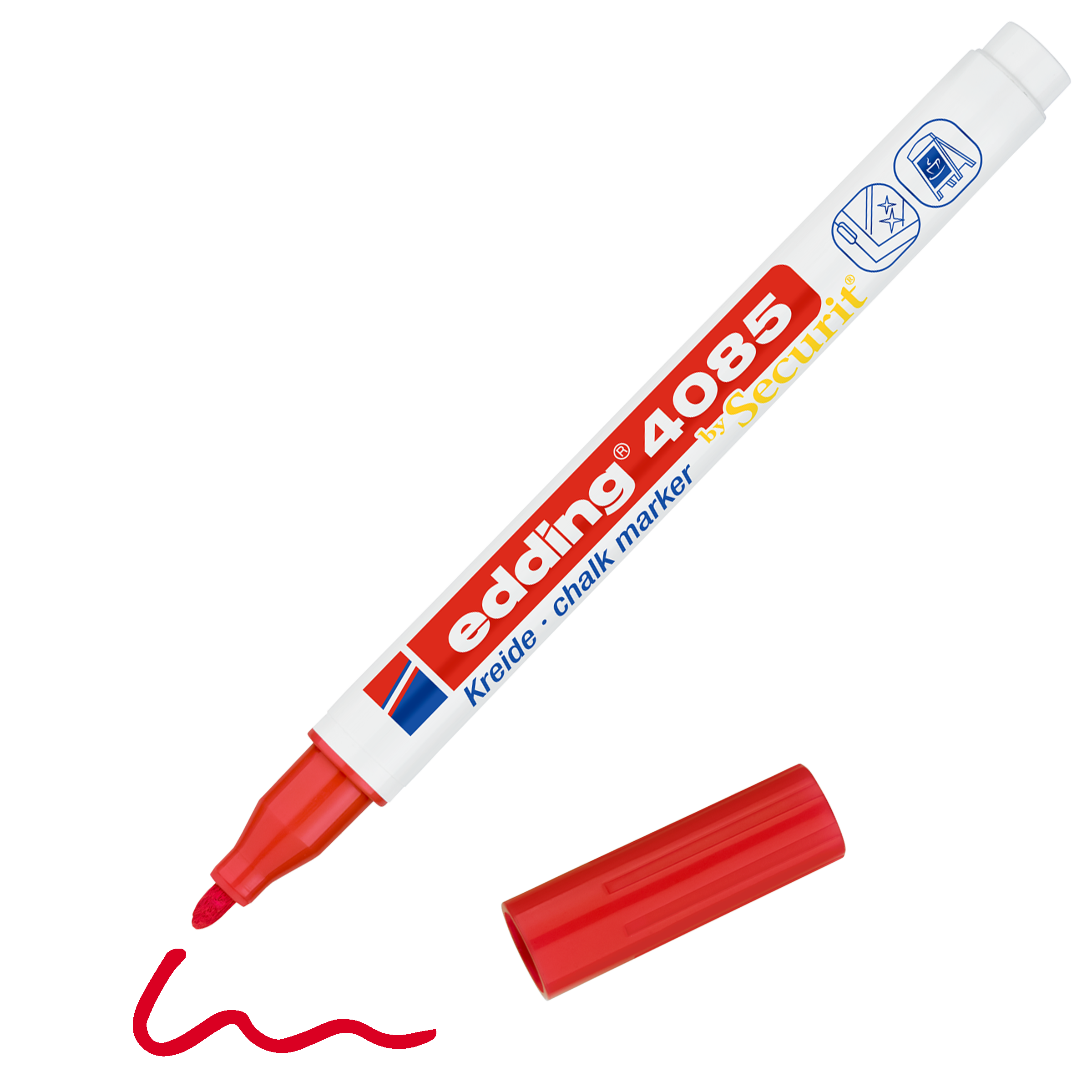 Ein roter edding 4085 Kreidemarker von edding, ohne Kappe und daneben liegend, mit einer leuchtend roten Schlangenlinie.