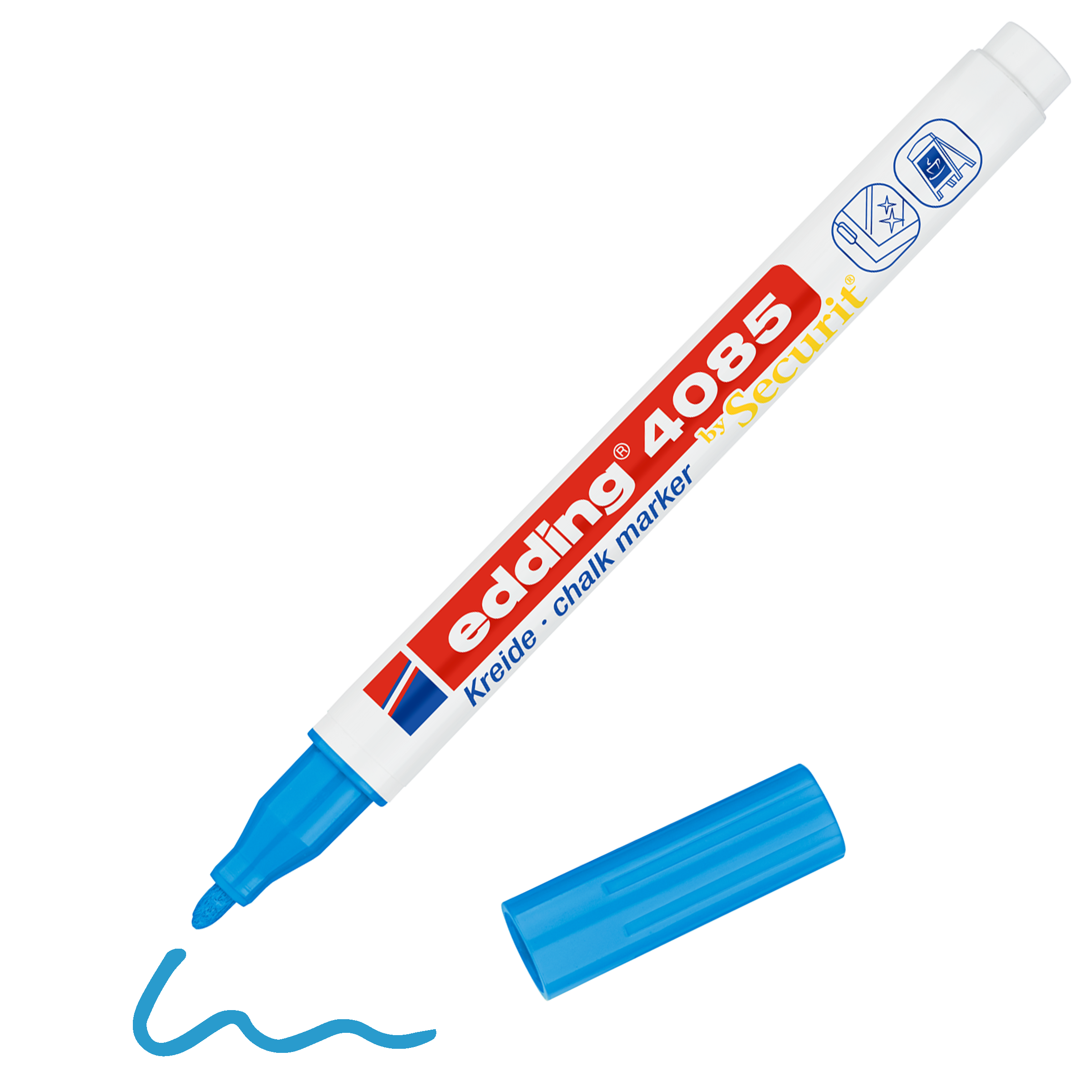 Ein blauer edding 4085 Kreidemarker von edding liegt offen da. Seine Spitze zeichnet eine wellenförmige blaue Linie in brillanten Farben. Der weiße Schaft zeigt rot-blauen Text und Symbole, während die Kappe neben dem Marker liegt.