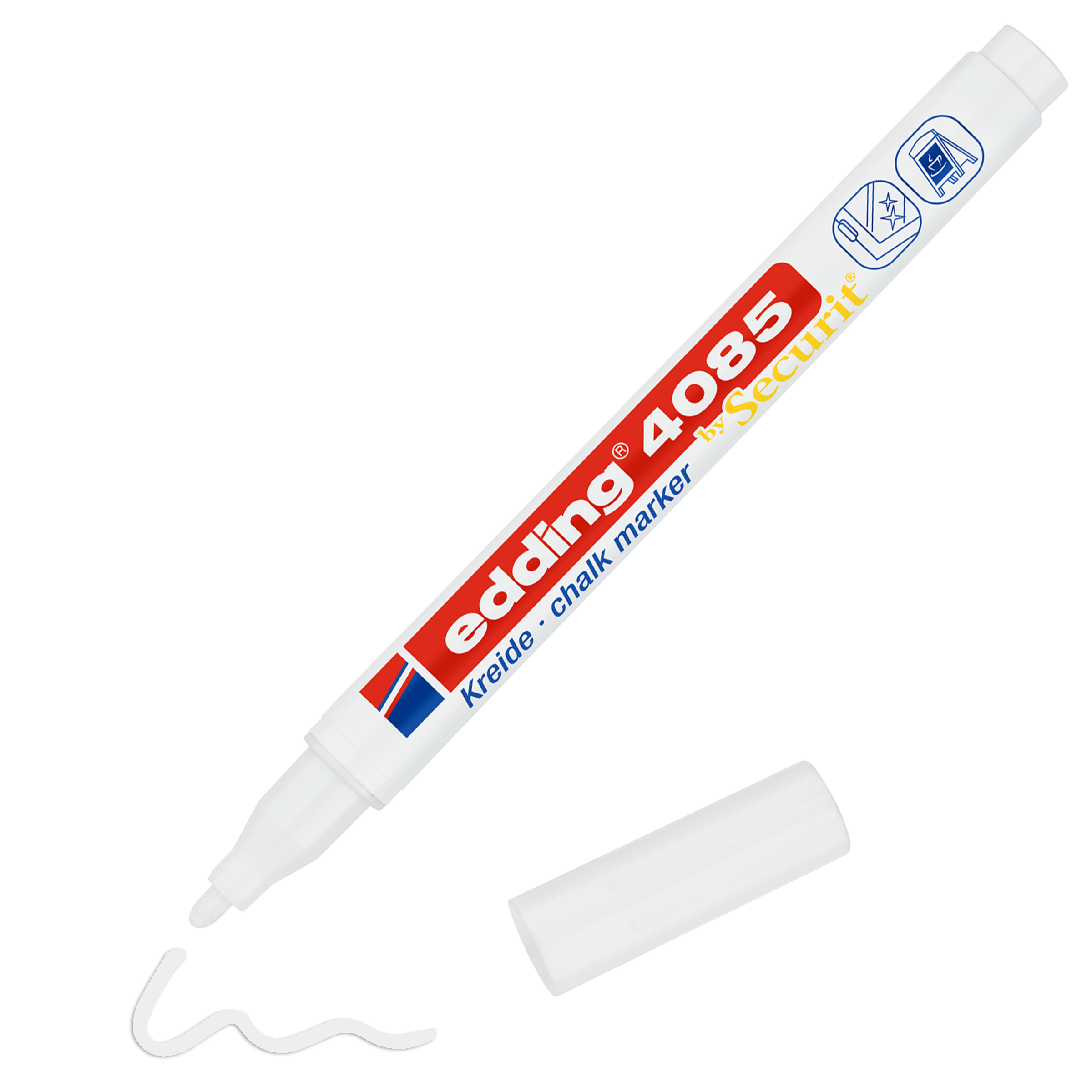 Ein weißer edding 4085 Kreidemarker von edding ohne Kappe liegt auf schwarzem Untergrund. Blauer und roter Text kennzeichnen den Marker, während eine wellenförmige weiße Flüssigkreidelinie nahe der Spitze brillante Farben erzeugt.