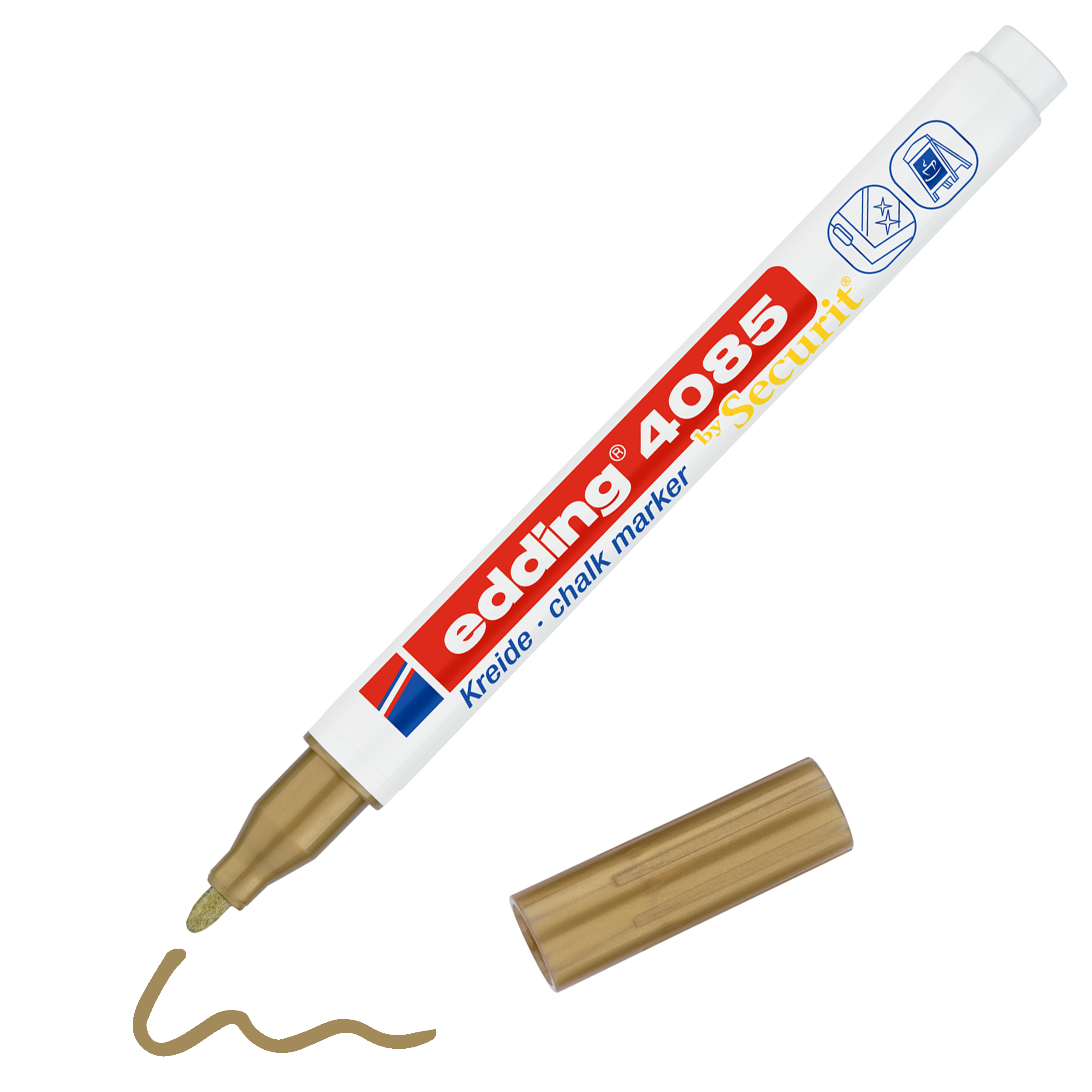 Ein edding 4085 Kreidemarker in Gold, ohne Kappe, liegt neben einer verschnörkelten Goldlinie. Dieser edding Marker besticht durch brillante Farben auf einem weißen Schaft mit buntem Text – ideal für Flüssigkreidekunst!.