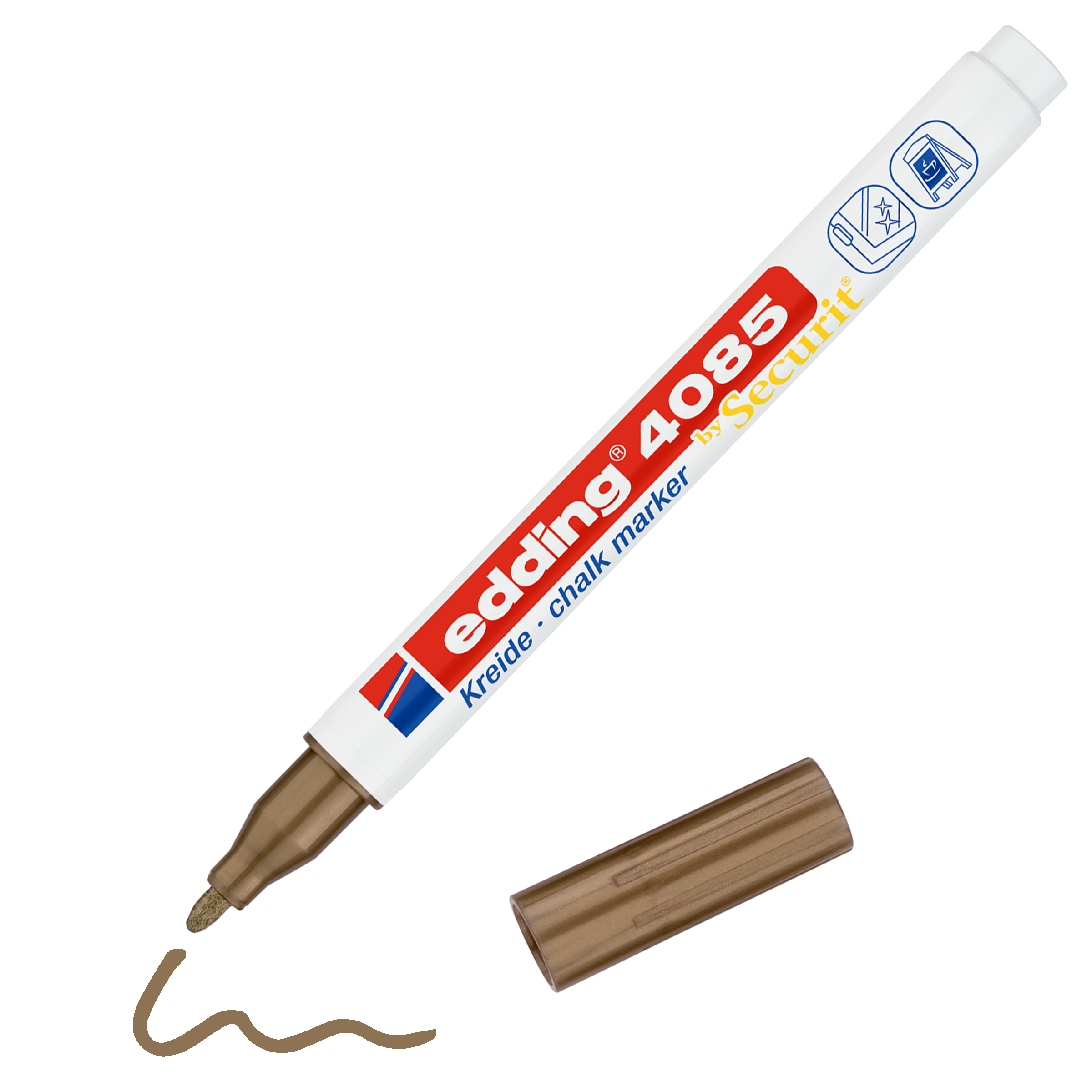 Ein brauner edding 4085 Kreidemarker von edding ohne Kappe liegt neben einer wellenförmigen braunen Linie in brillanten Farben. Der Marker hat einen weißen Körper, der mit roten, blauen und gelben Texten und Symbolen verziert ist – ideal für Flüssigkreide-Designs.