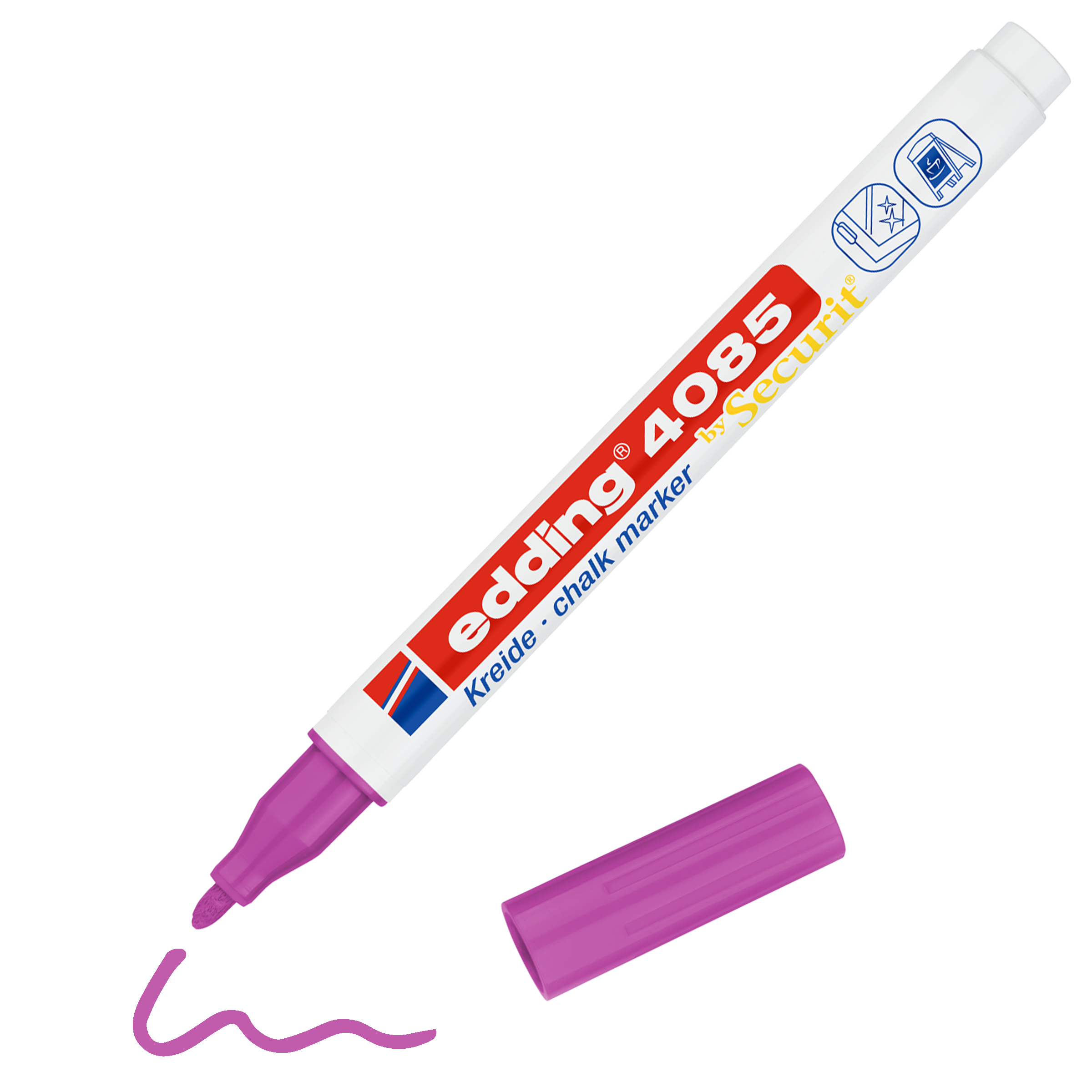 Daneben liegt ein violetter Kreidemarker vom Typ edding 4085 ohne Kappe. Der Marker mit der Marke edding und deutscher und englischer Beschriftung hat eine violette Wellenlinie in brillanten Farben gezeichnet.