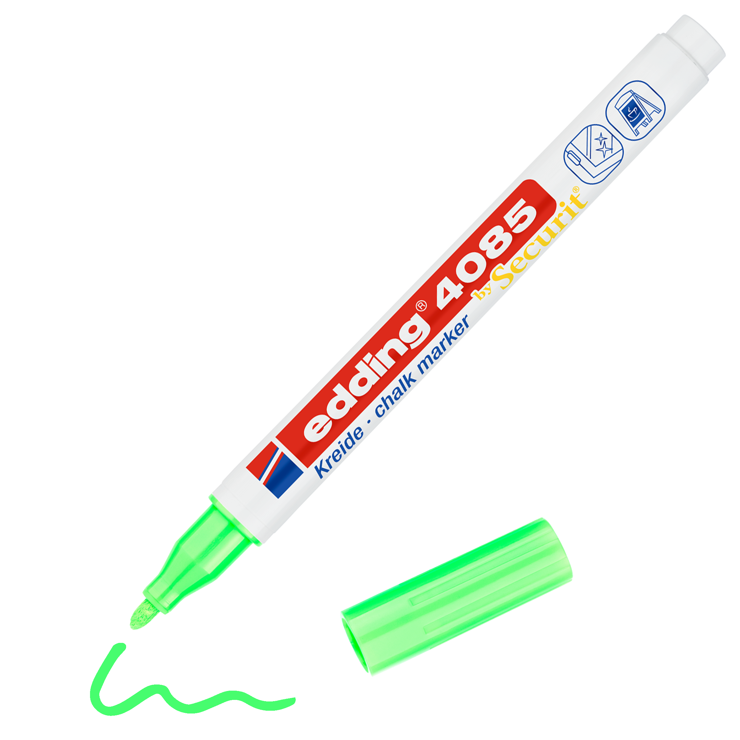 Ein Kreidemarker edding 4085 ohne Kappe liegt neben einer grünen Wellenlinie, die von seiner Spitze aus vor einem weißen Hintergrund gezogen wird.