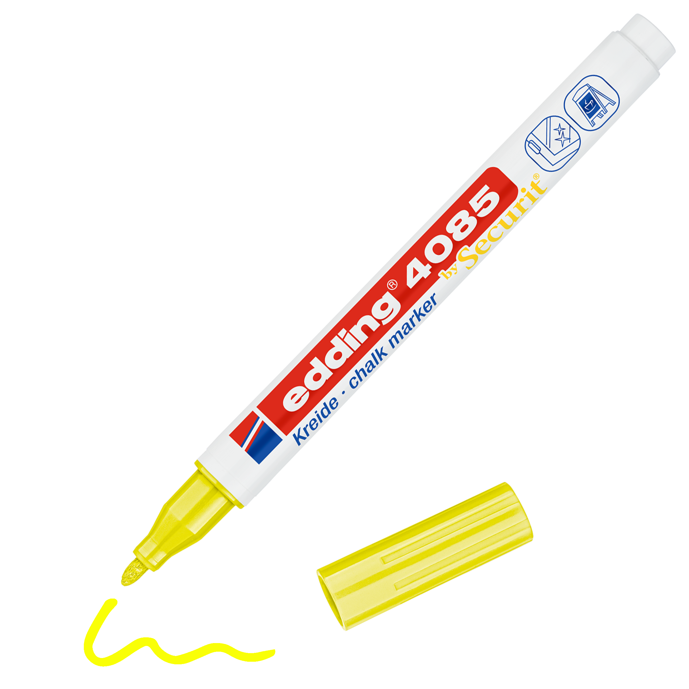 Ein gelber edding 4085 Kreidemarker zeichnet ohne Kappe eine gelbe Schlangenlinie. Der weiße Schaft trägt das rot-blaue edding-Logo sowie deutschen Text und liefert brillante Farben mit Flüssigkreide.