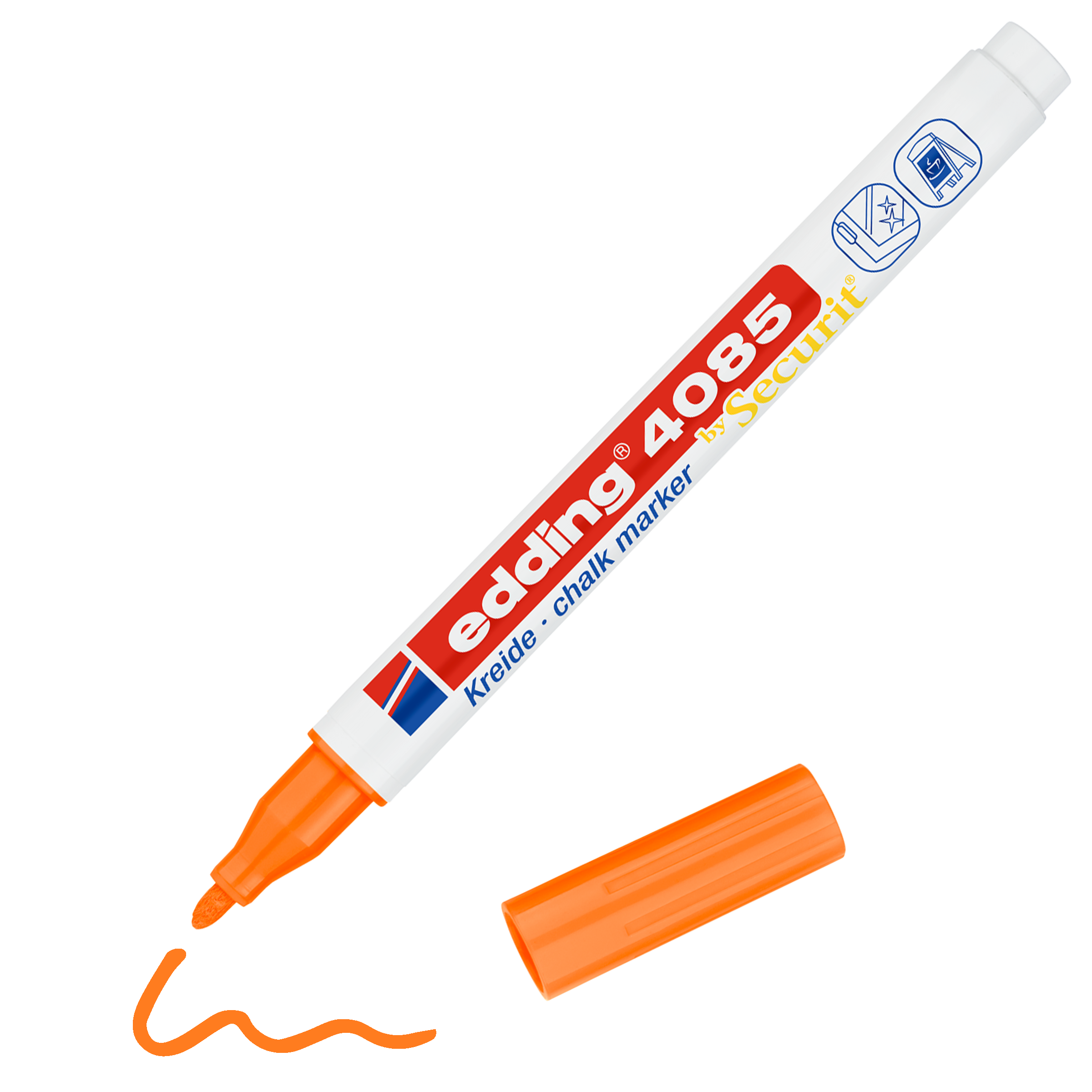 Ein orangefarbener edding 4085 Kreidemarker von edding zeigt ohne Kappe und mit daneben liegender Kappe ein leuchtend orangefarbenes Kringelmuster, das mit der Spitze seiner Flüssigkreide entstanden ist.