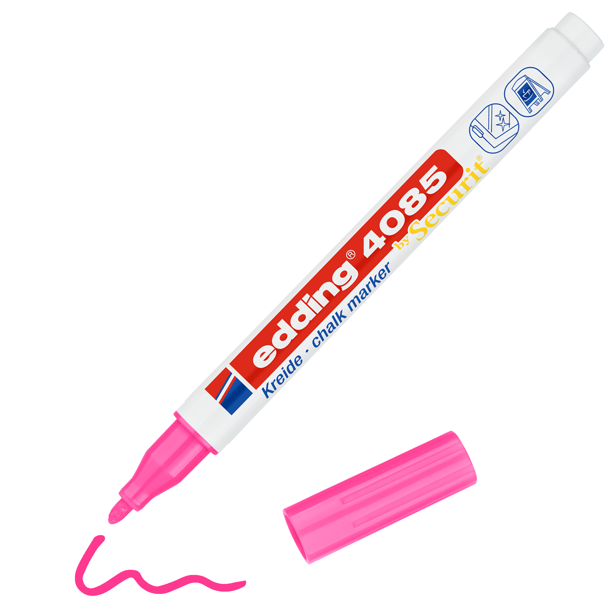 Ein rosafarbener edding 4085 Kreidemarker von edding zeichnet ohne Kappe eine wellenförmige rosa Linie in brillanten Farben, wobei die Kappe daneben auf weißem Untergrund liegt.