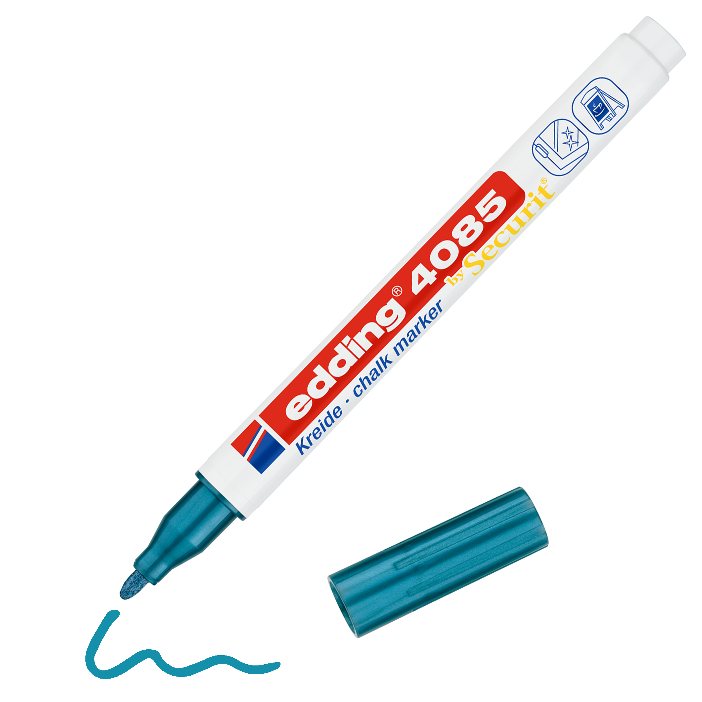 Ein blauer edding 4085 Kreidemarker von edding, ohne Kappe, liegt neben einer leuchtend blauen Linie, die von seiner Spitze aus gezogen wird. Auf seinem weißen Körper ist „Kreide - Kreidemarker“ aufgedruckt, wodurch brillante Farben hervorgehoben werden.