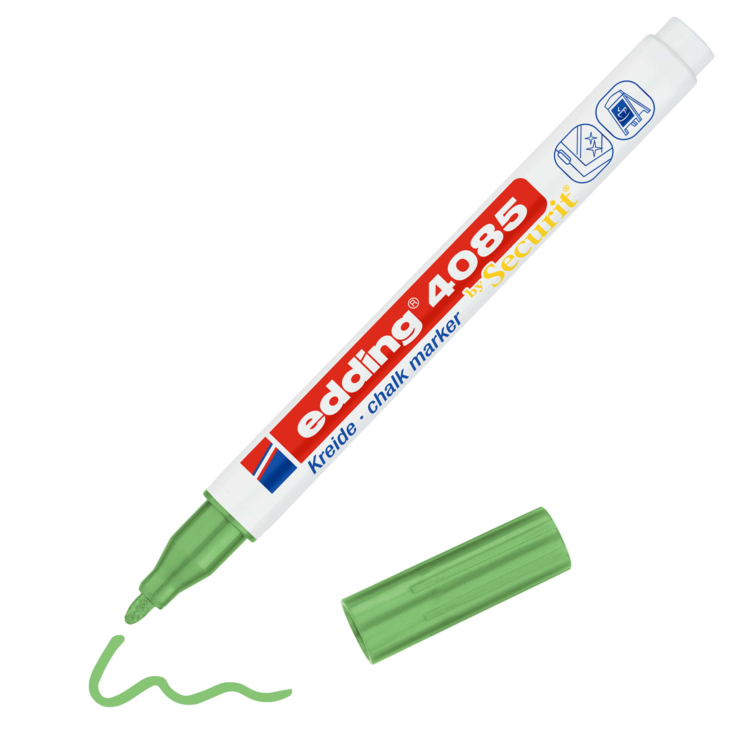 Ein grüner edding 4085 Kreidemarker von edding, ohne Kappe auf schwarzem Untergrund, liegt neben einer verschnörkelten grünen Linie, die mit dem Flüssigkreidemarker in brillanten Farben gezeichnet wurde.