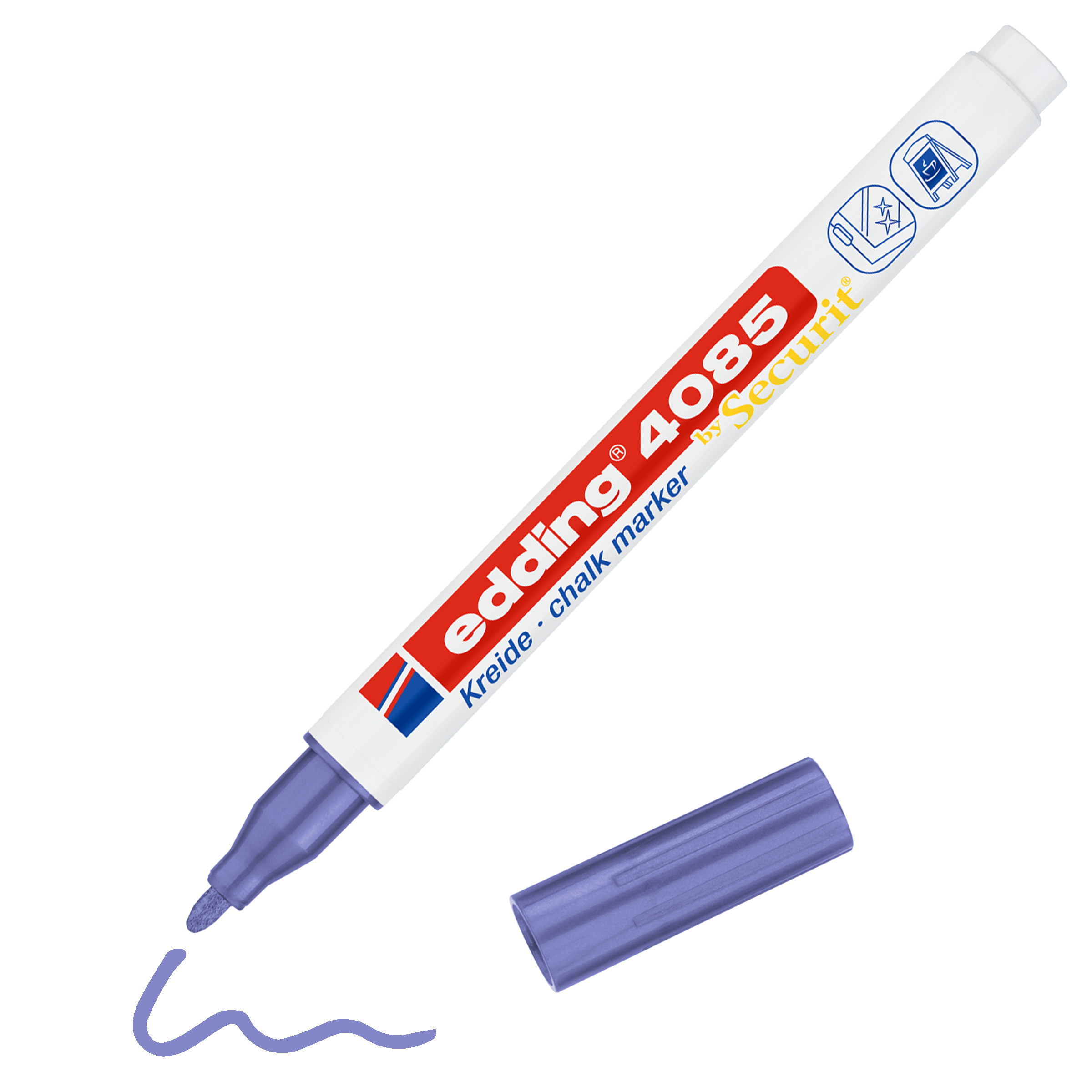 Daneben liegt ein violetter Kreidemarker edding 4085 von edding ohne Kappe. Er zeigt eine violette Spitze in brillanten Farben und eine gewellte Flüssigkreide-Linie. Der weiße Schaft ist mit Text und Grafiken in Rot, Gelb und Blau versehen.