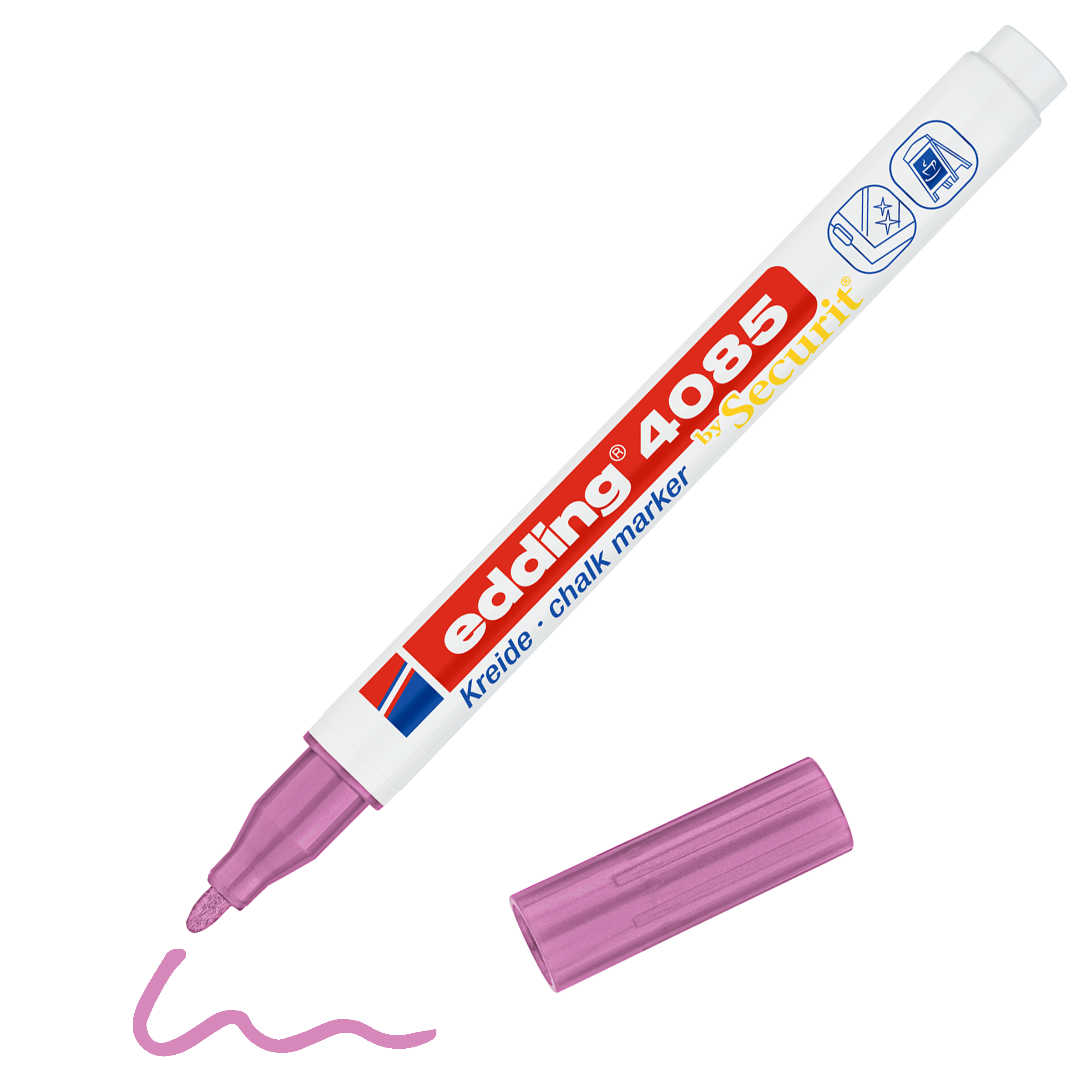 Ein edding 4085 Kreidemarker von edding, ohne Kappe und mit einer rosafarbenen Schlangenlinie daneben; der Marker hat brillante Farben, einen weißen Körper und eine rote, blaue und gelbe Beschriftung.