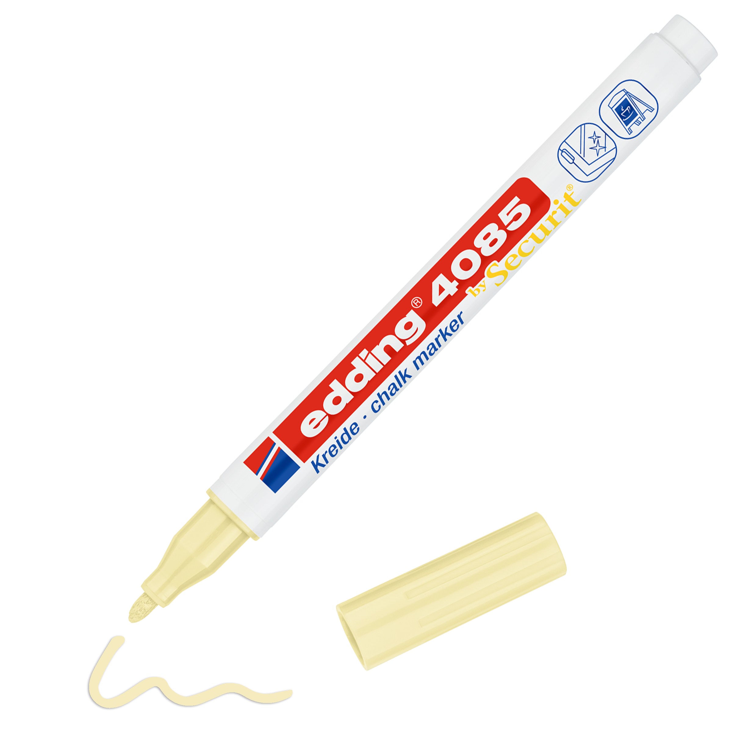 Ein gelber edding 4085 Kreidemarker mit abgenommener Kappe liegt daneben. Der Marker von edding hat mit brillanter Farbe eine kurze, wellige gelbe Linie aus Flüssigkreide auf schwarzem Hintergrund gezogen.