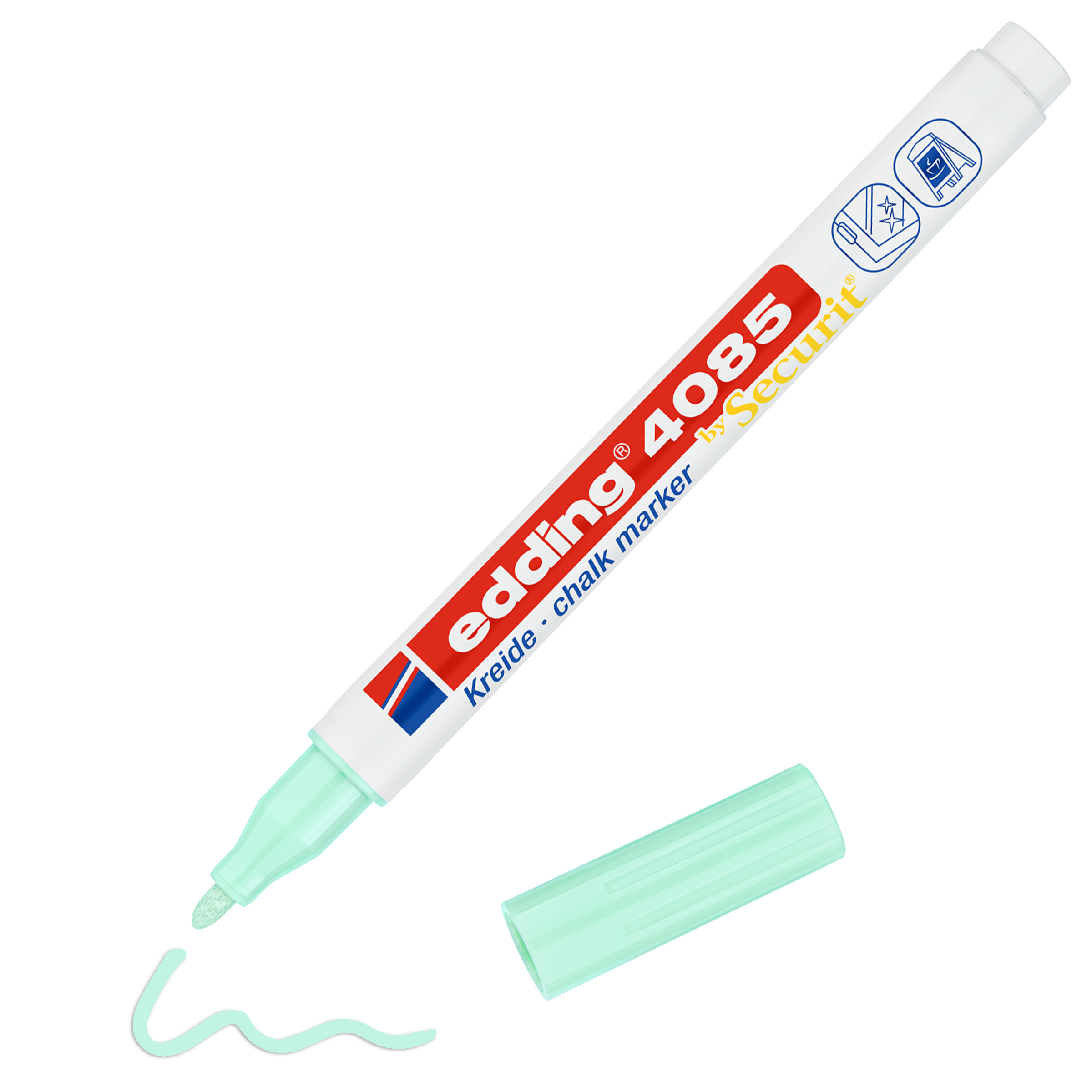 Daneben liegt ein hellgrüner Kreidemarker edding 4085 ohne Kappe. Der Marker zeigt deutschen und englischen Text, unter der Spitze ist eine Wellenlinie aus brillanter Farben Flüssigkreide eingezeichnet.
