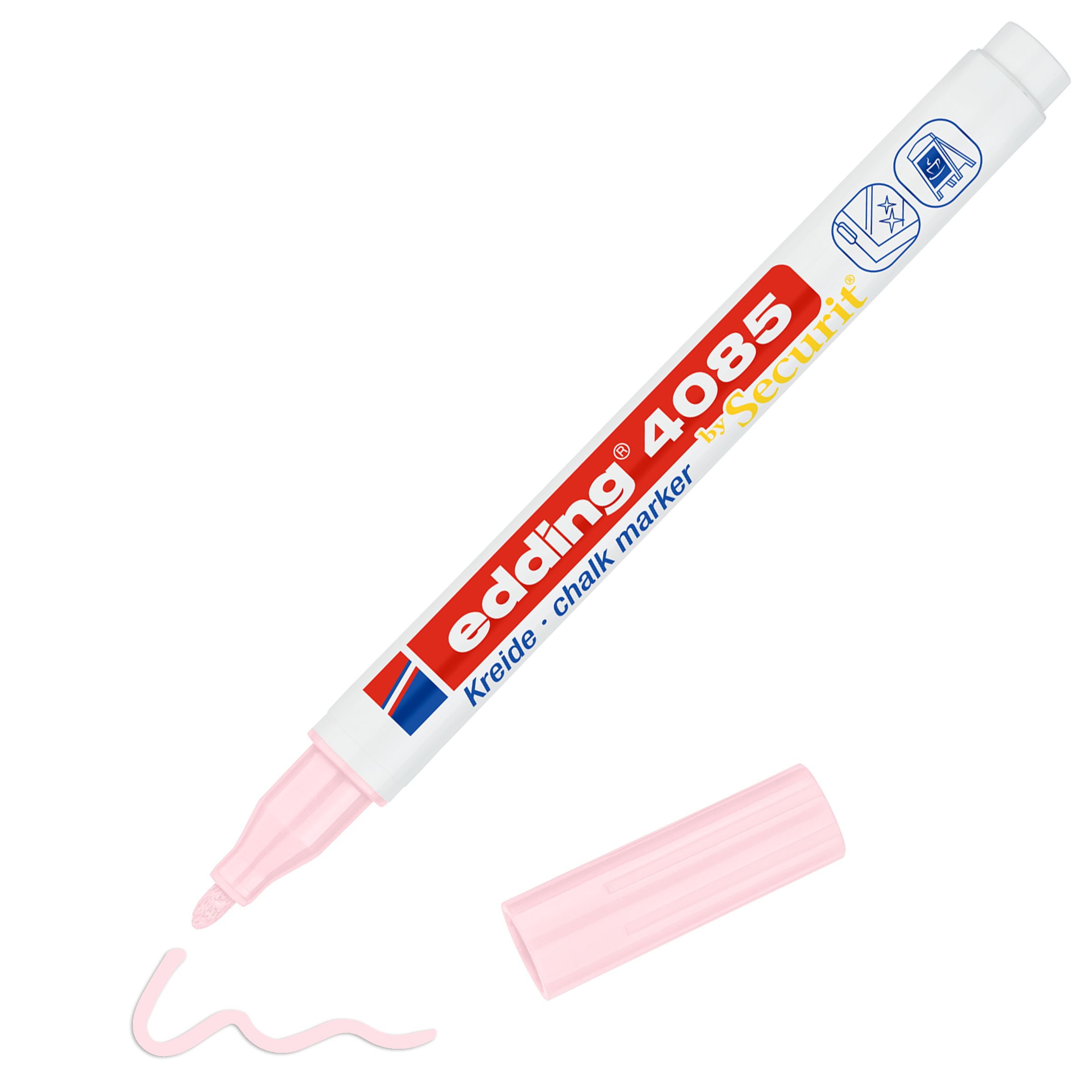 Ein edding 4085 Kreidemarker von edding in Pink, ohne Kappe, liegt neben einer wellenförmigen rosa Linie aus Flüssigkreide auf einer weißen Oberfläche.