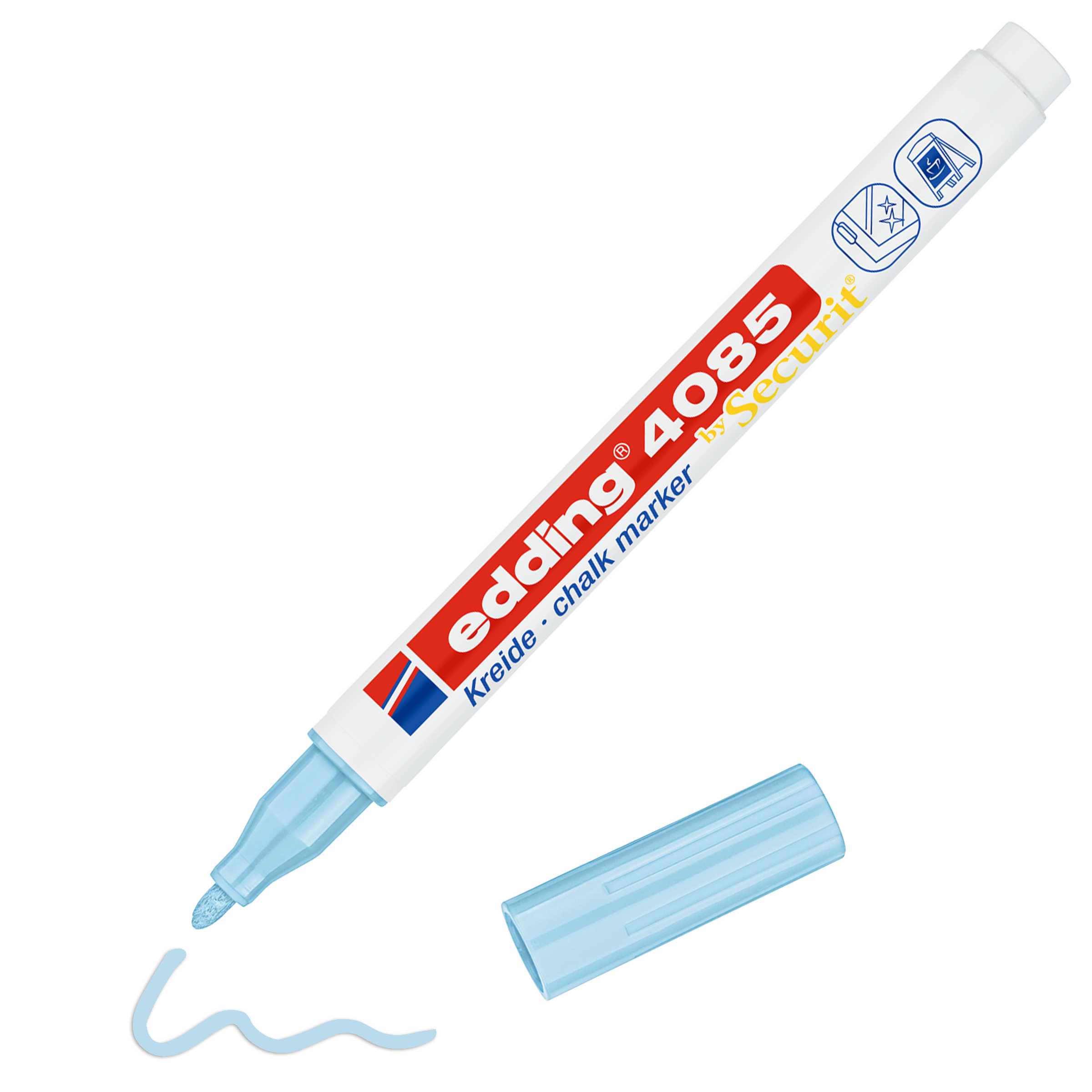 Ein unverschlossener edding 4085 Kreidemarker von edding liegt neben einer mit leuchtender Flüssigkreide gezeichneten Wellenlinie, wobei Beschriftung und Spitze deutlich sichtbar sind.