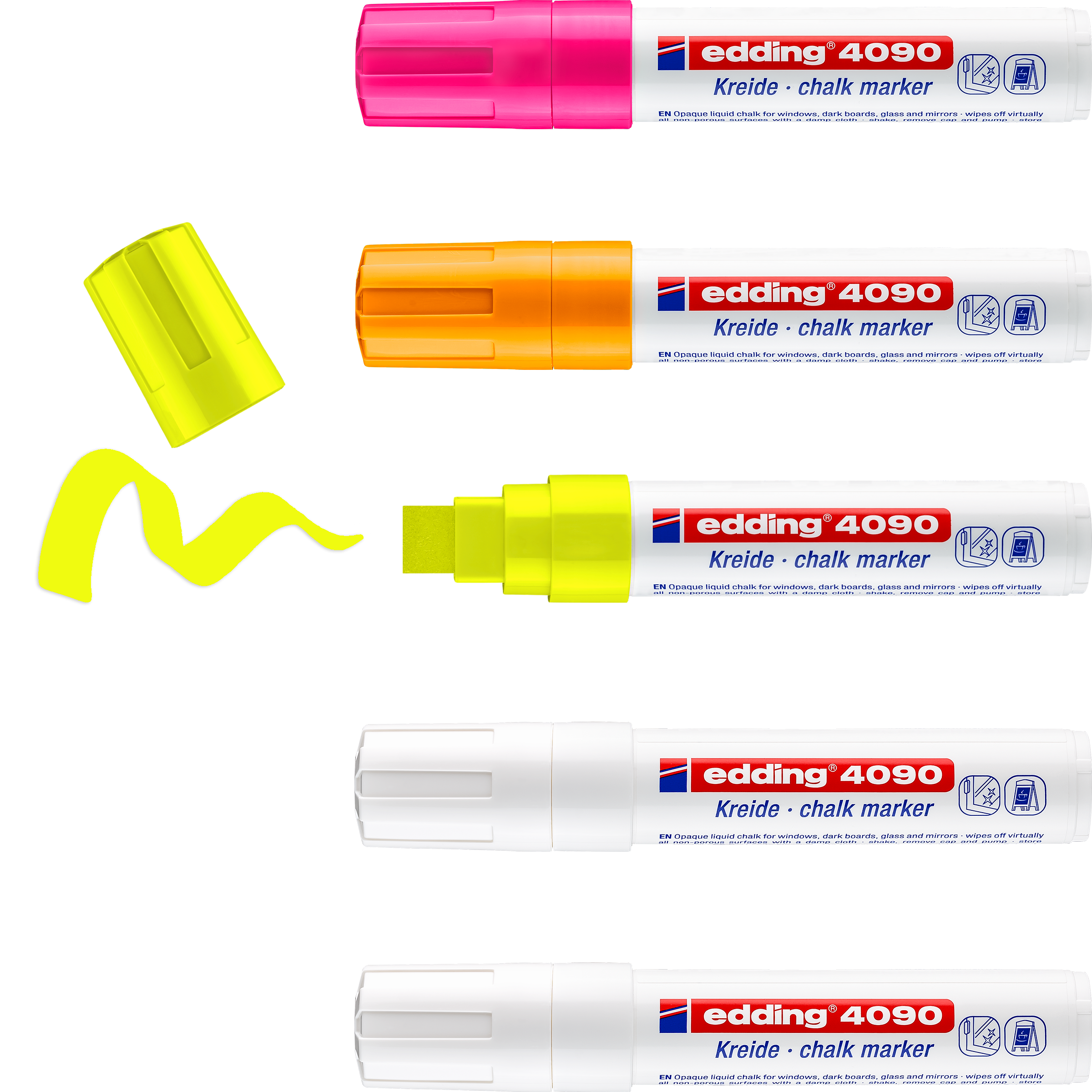 Das edding 4090 Kreidemarker 5er-Set von edding präsentiert sich mit gelben (ohne Kappe, Wellenlinie abgebildet), orangefarbenen, rosafarbenen und weißen Markern auf schwarzem Untergrund – ideal für kreative Flüssigkreide-Gestaltungen.