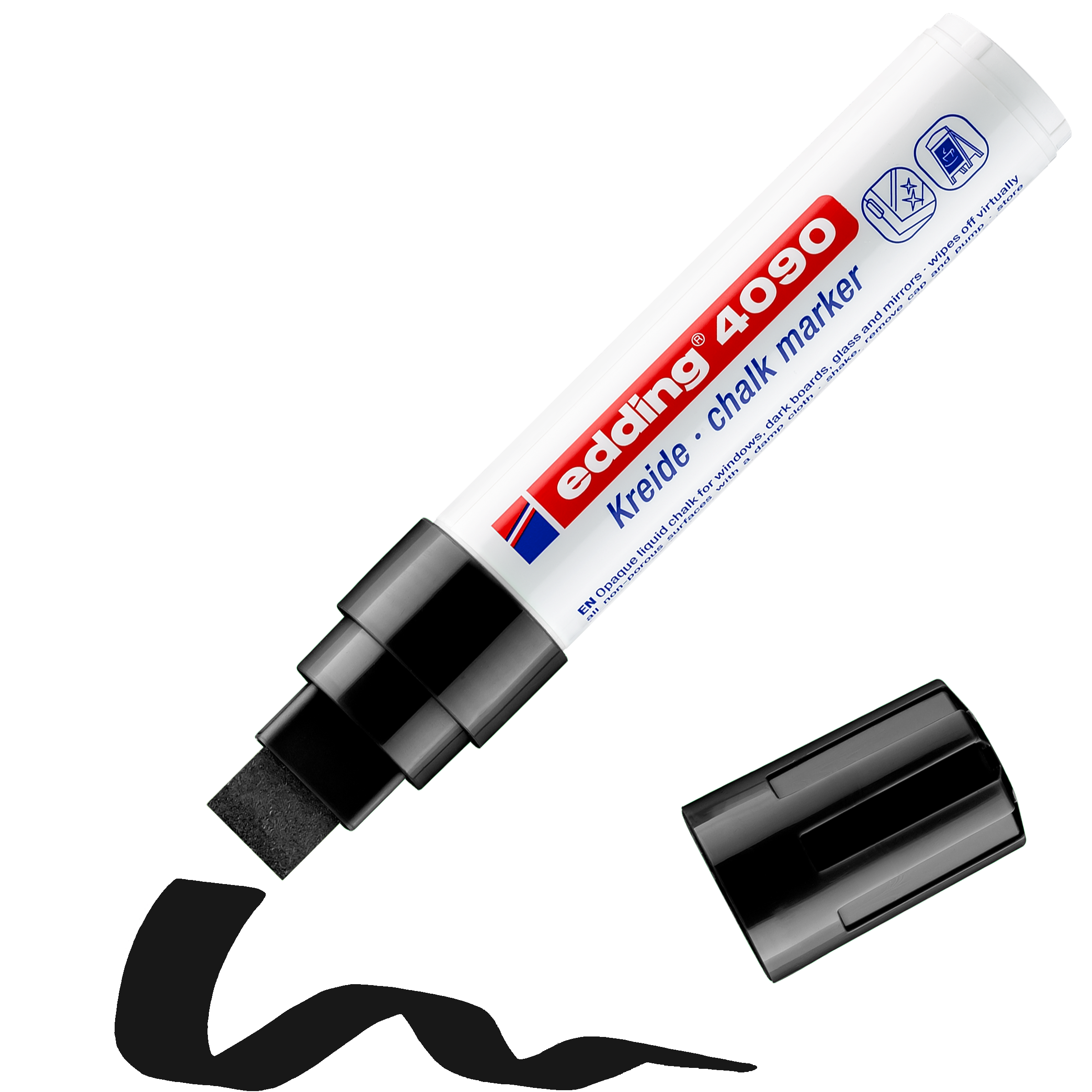 edding 4090 Kreidemarker in schwarz mit offener Kappe und einem gemaltem Strich