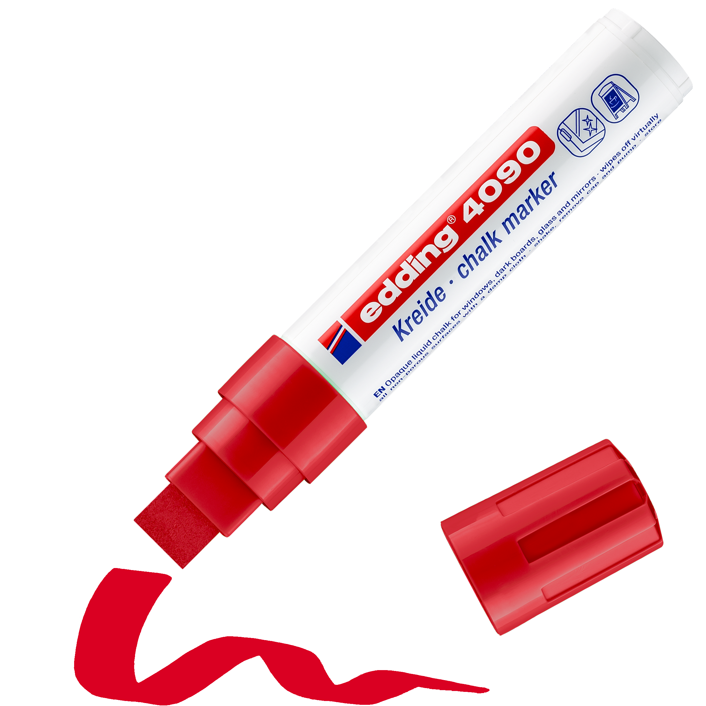 edding 4090 Kreidemarker in rot mit offener Kappe und einem gemaltem Strich