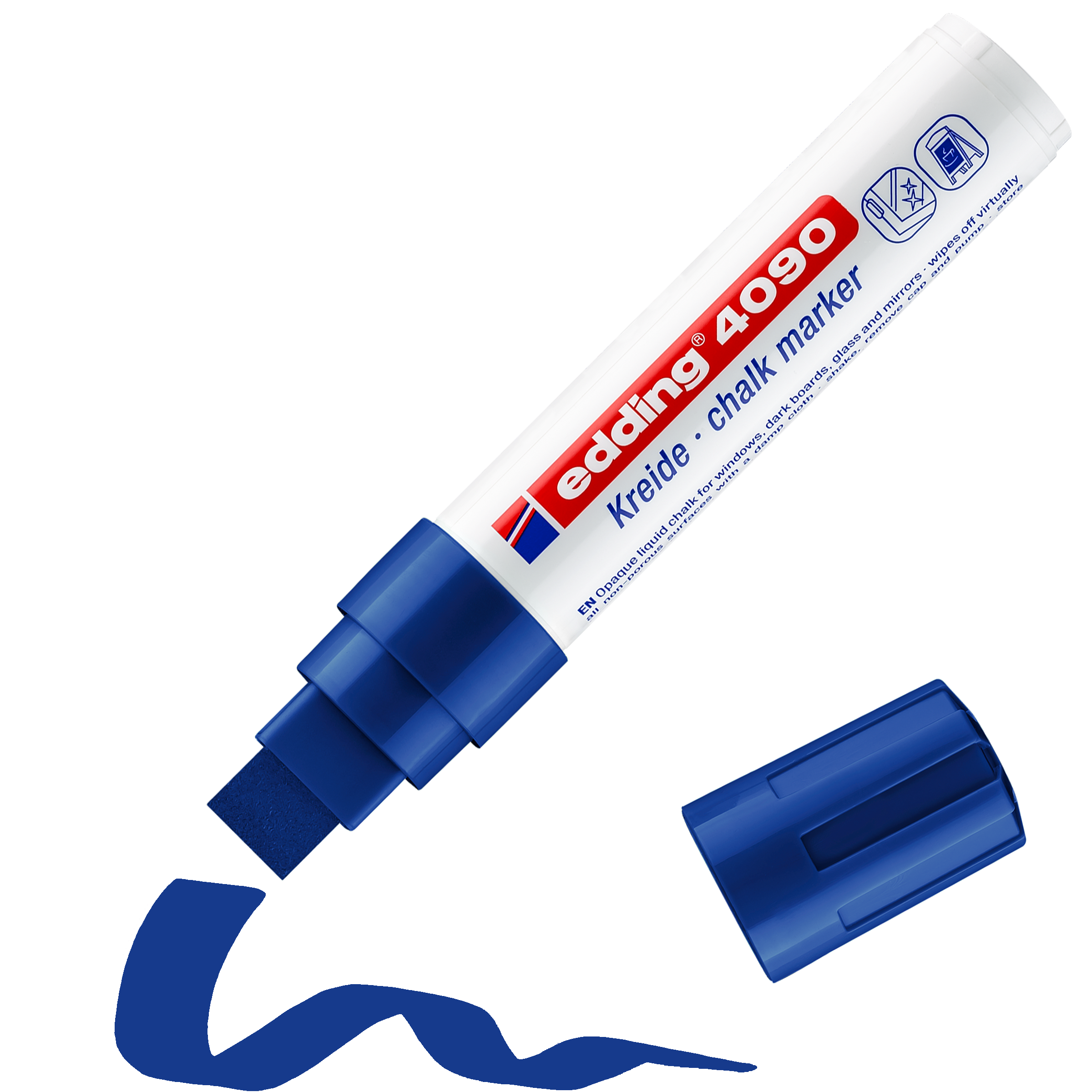 edding 4090 Kreidemarker in blau mit offener Kappe und einem gemaltem Strich