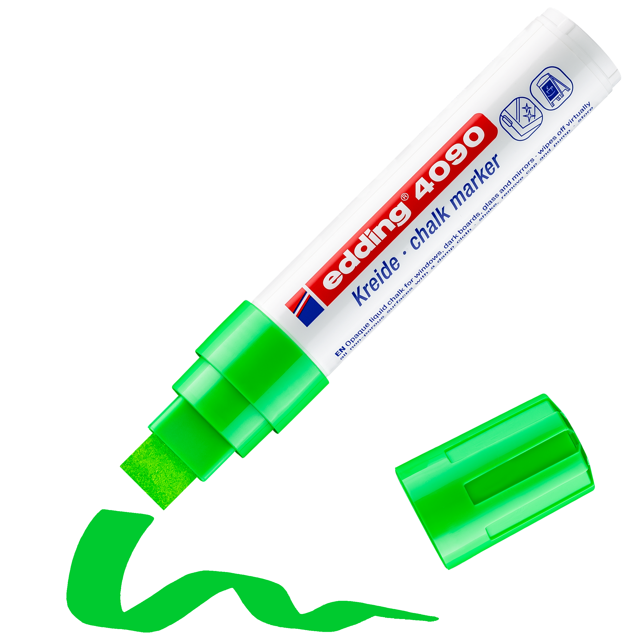 edding 4090 Kreidemarker in neongrün mit offener Kappe und einem gemaltem Strich