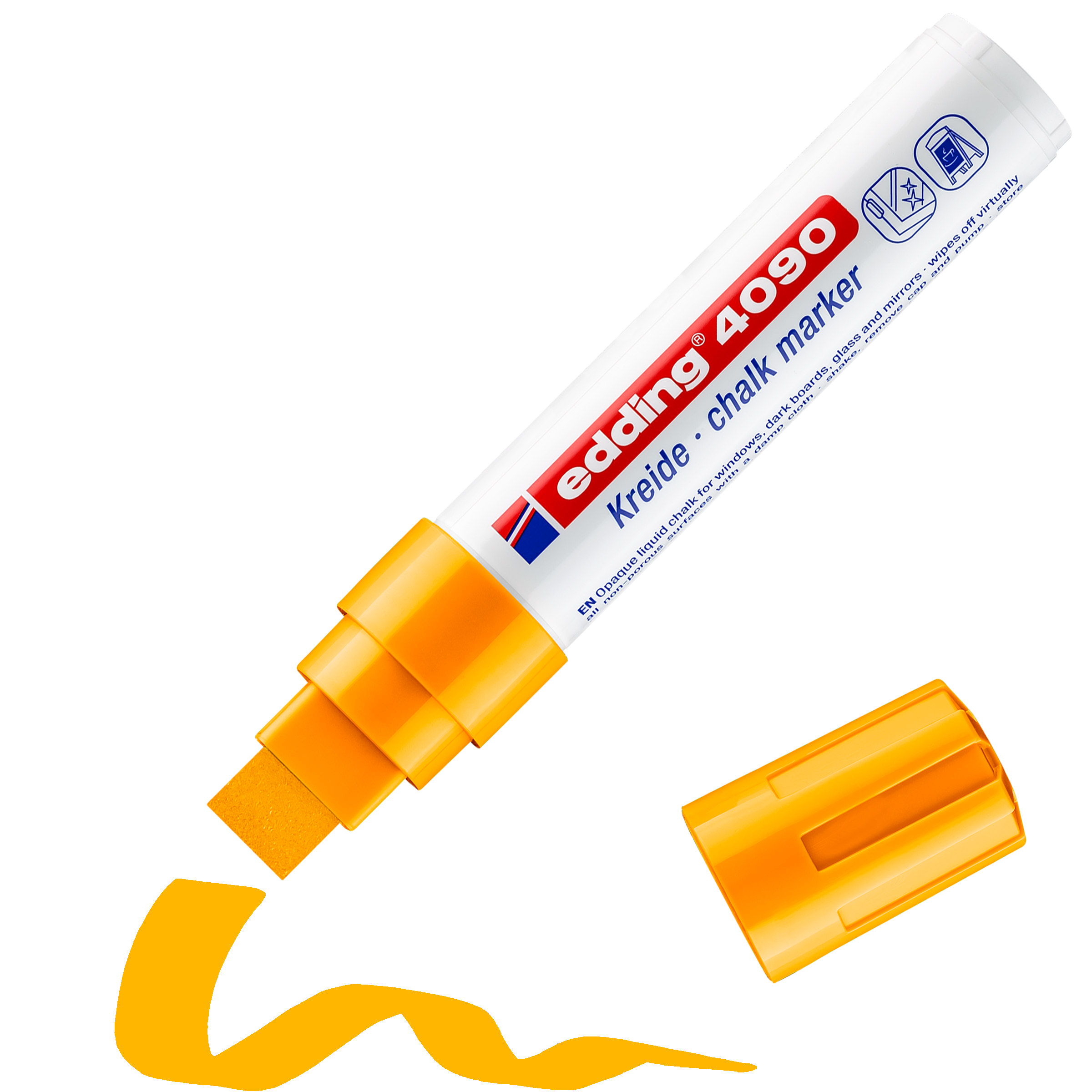 edding 4090 Kreidemarker in neonorange mit offener Kappe und einem gemaltem Strich