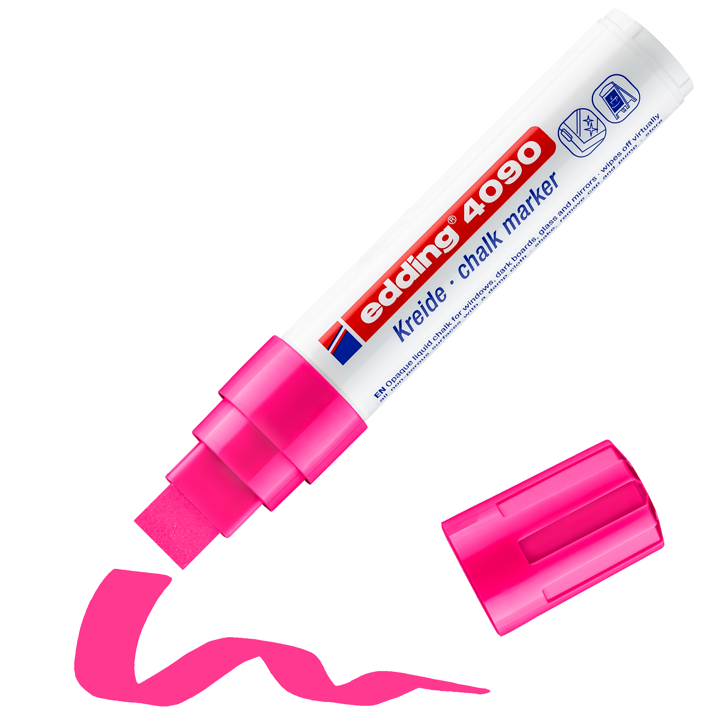 edding 4090 Kreidemarker in neonpink mit offener Kappe und einem gemaltem Strich