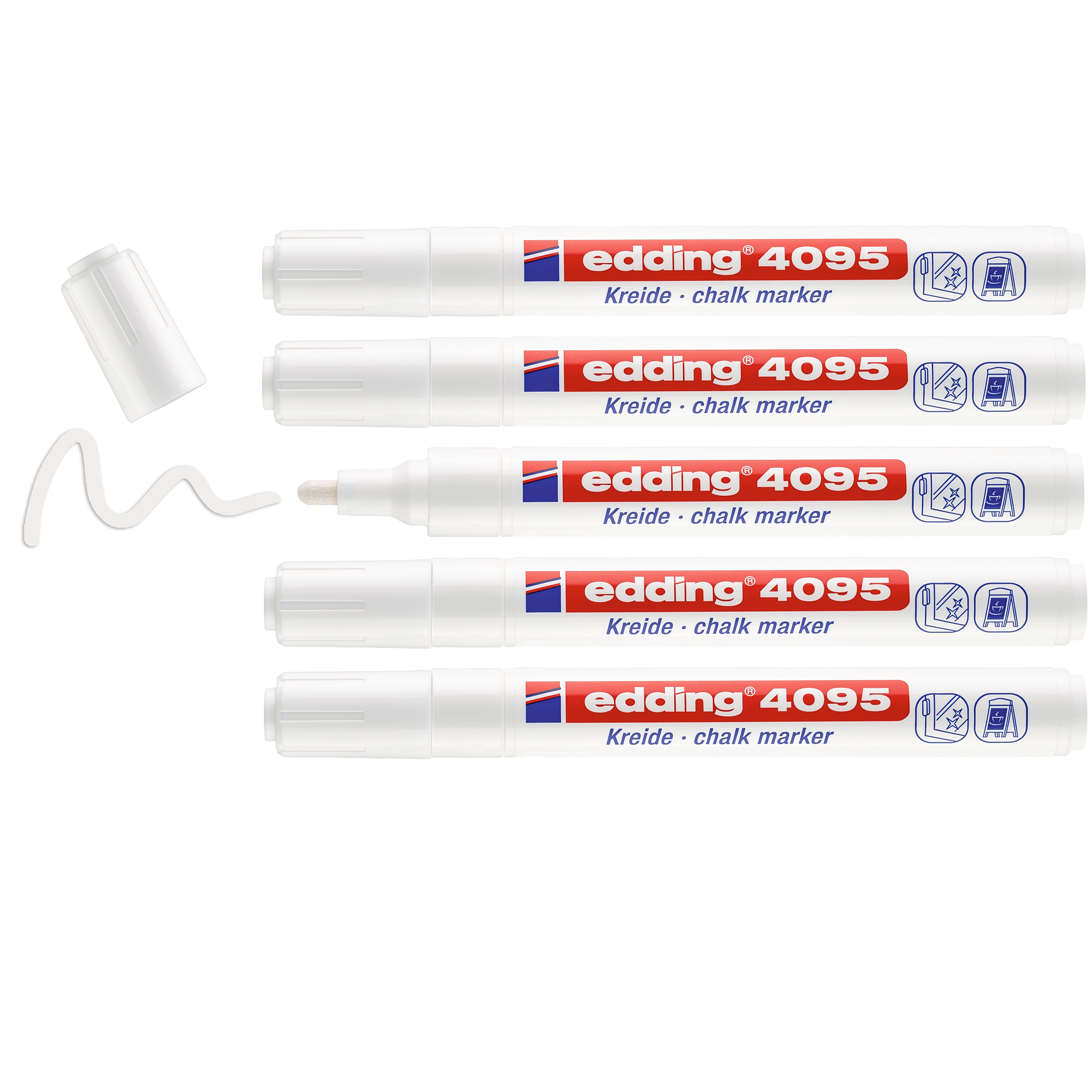 Das edding 4095 Kreidemarker 5er-Set von edding wird gezeigt: vier mit Kappe und einer ohne Kappe, die mit Flüssigkreide eine Wellenlinie zeichnen. Horizontal angeordnet eignen sich diese Marker perfekt zum Schreiben auf Glasoberflächen.