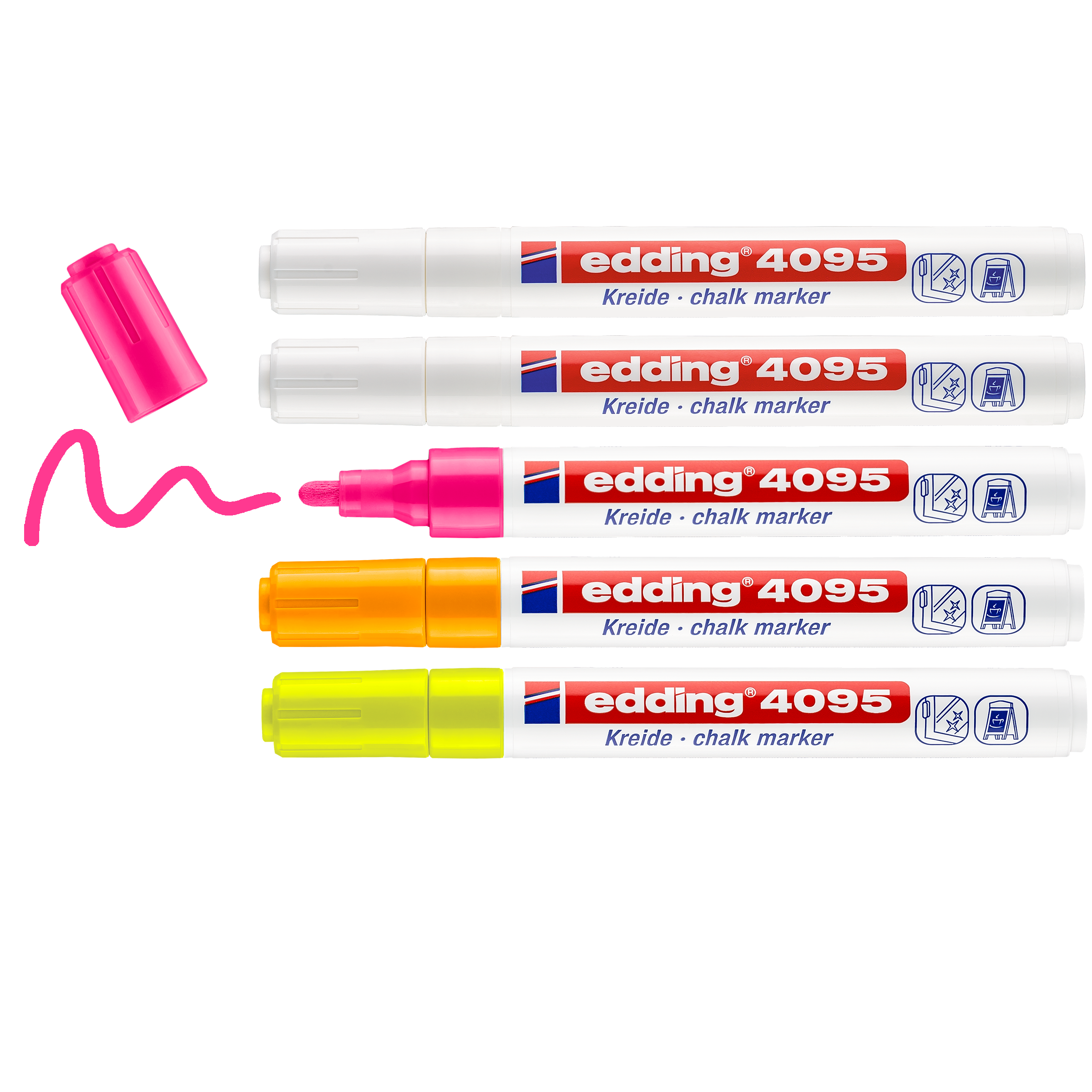 Das edding 4095 Kreidemarker 5er-Set von edding ist in den Farben Pink, Orange, Gelb und Weiß erhältlich. Der rosafarbene Marker ohne Kappe und mit aufgesetzter Kappe zeichnet eine geschwungene Linie – perfekt für Glasoberflächen.