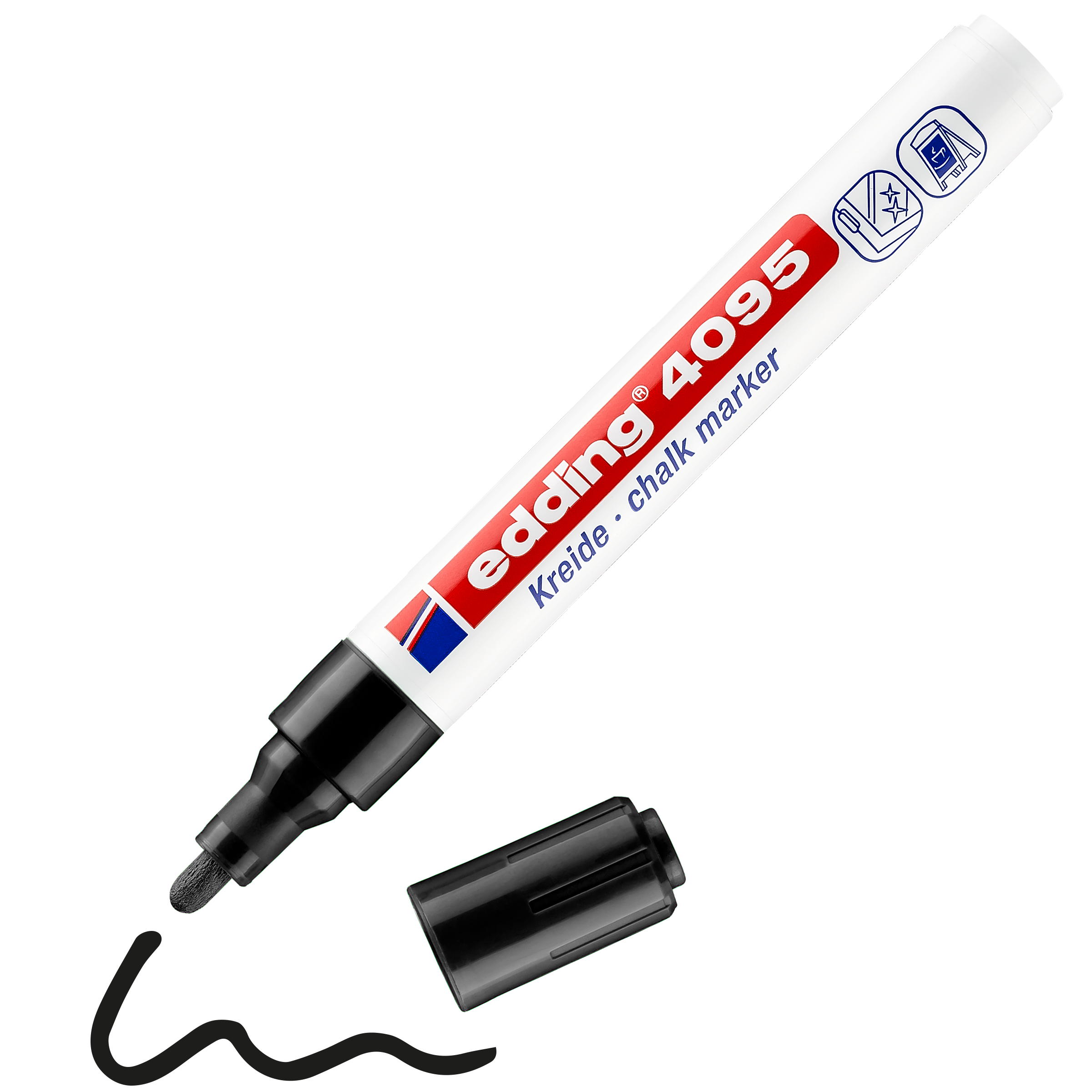 Ein weißer edding 4095 Kreidemarker von edding ohne schwarze Kappe zeigt seine runde Spitze neben einer schwarzen Schlangenlinie aus Flüssigkreide auf weißem Hintergrund.